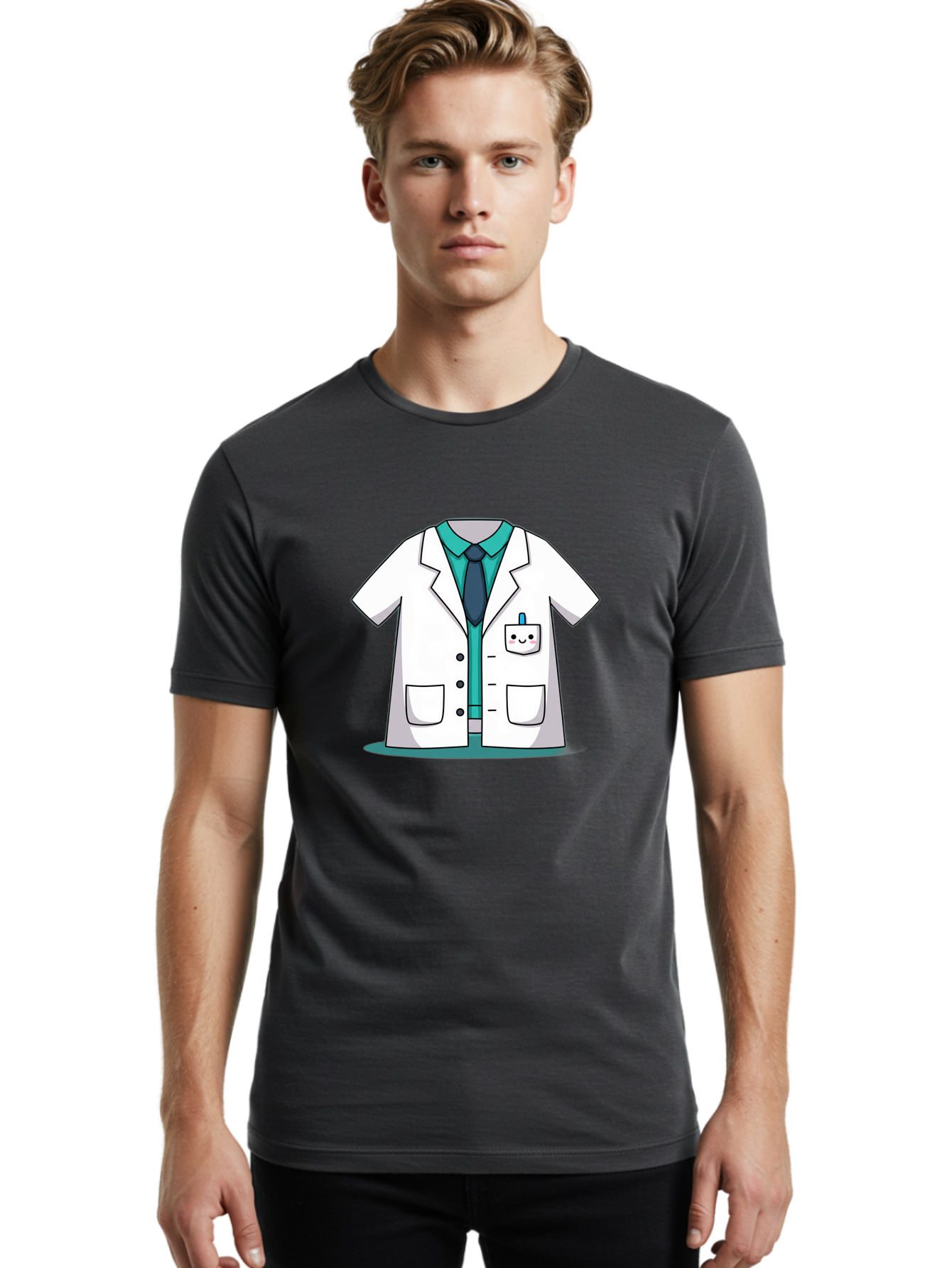 Lab-Coat Men'S Graphic Tee, 100% Cotton, Comfortable Casual Summer Wear, Machine Washable, Lab Coat, Cartoon Style, White Lab Coat, Shirt And Tie Underneath, Pocket Protector, Smiling Face, Medical Professional, Science Illustration, Baa909