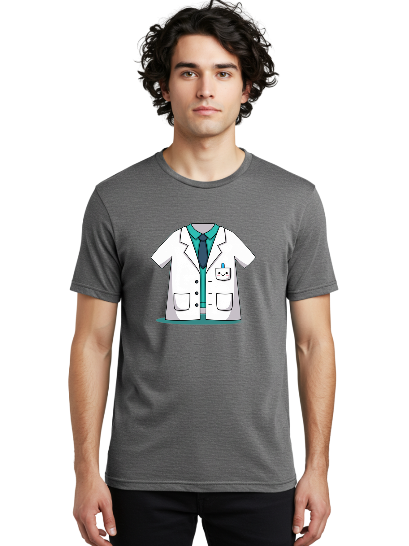 Lab-Coat Men'S Graphic Tee, 100% Cotton, Comfortable Casual Summer Wear, Machine Washable, Lab Coat, Cartoon Style, White Lab Coat, Shirt And Tie Underneath, Pocket Protector, Smiling Face, Medical Professional, Science Illustration, Baa909