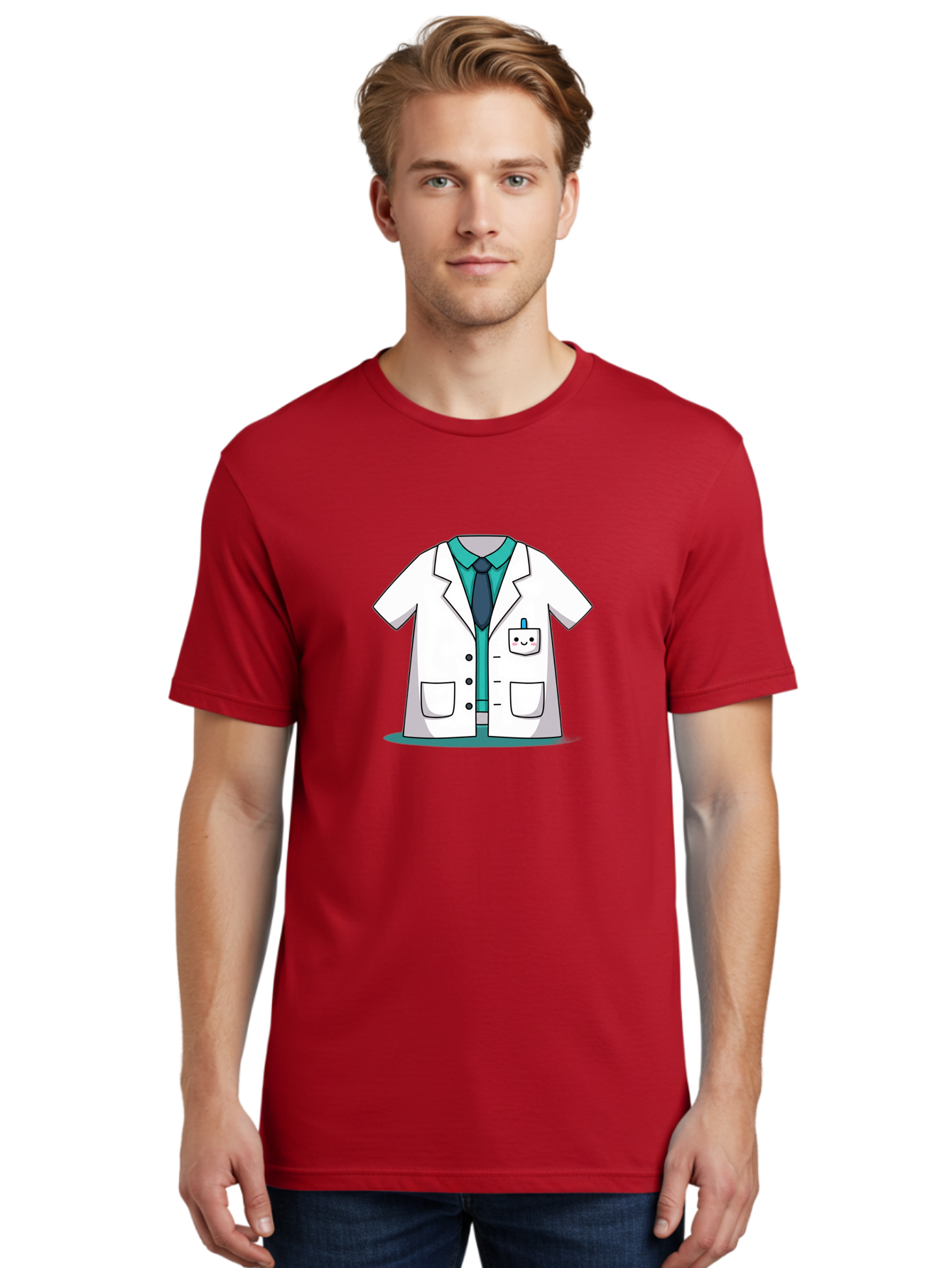 Lab-Coat Men'S Graphic Tee, 100% Cotton, Comfortable Casual Summer Wear, Machine Washable, Lab Coat, Cartoon Style, White Lab Coat, Shirt And Tie Underneath, Pocket Protector, Smiling Face, Medical Professional, Science Illustration, Baa909