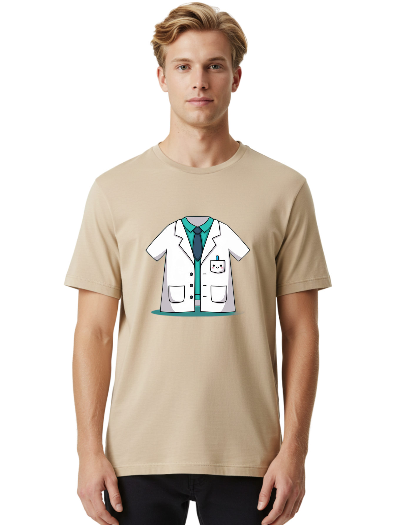 Lab-Coat Men'S Graphic Tee, 100% Cotton, Comfortable Casual Summer Wear, Machine Washable, Lab Coat, Cartoon Style, White Lab Coat, Shirt And Tie Underneath, Pocket Protector, Smiling Face, Medical Professional, Science Illustration, Baa909