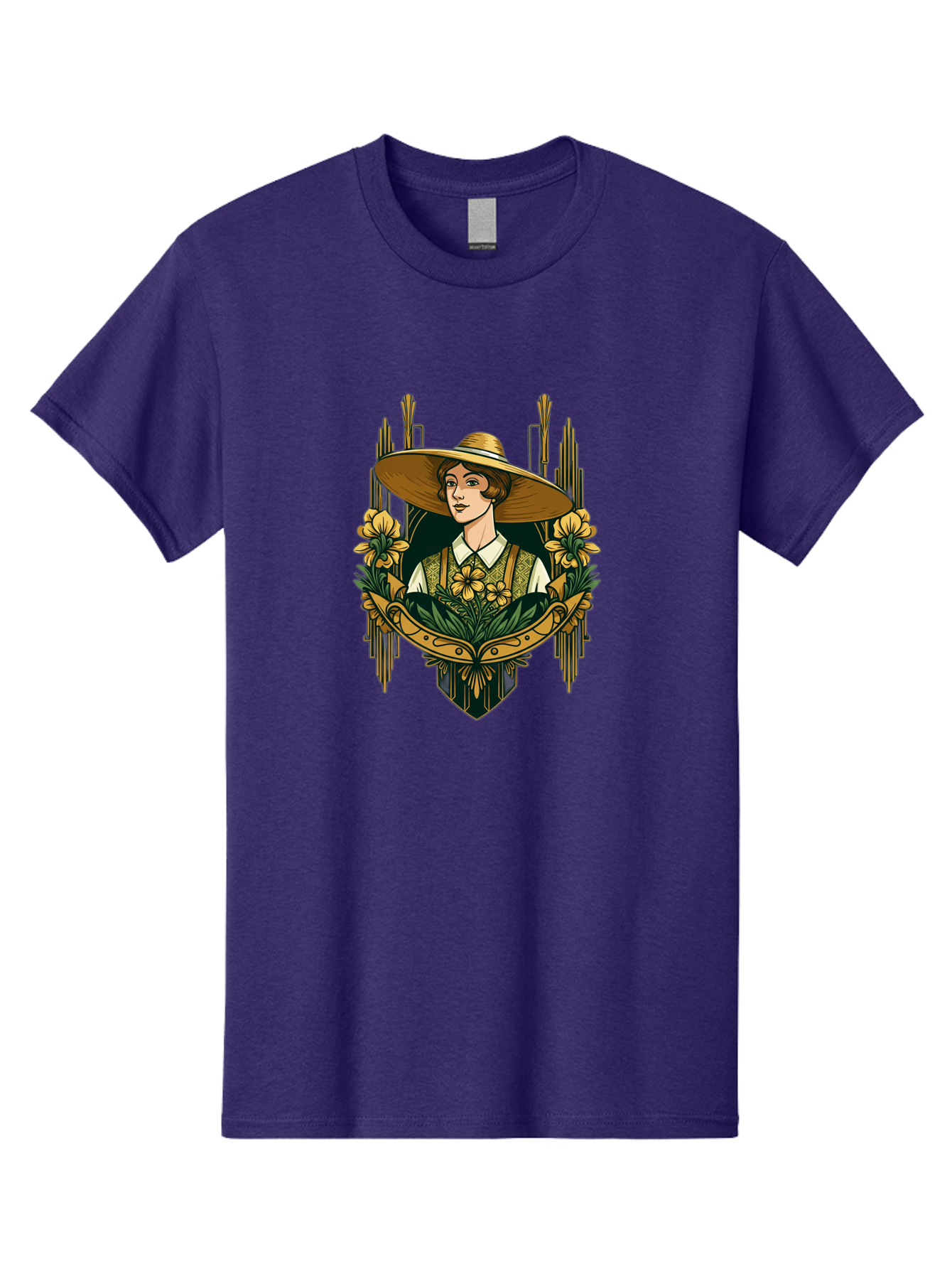 Lady-With-Sun-Hat Men'S Graphic Tee, 100% Cotton, Comfortable Casual Summer Wear, Machine Washable, Woman Wearing Sun Hat, Floral Arrangement, Yellow Flowers, Vintage Style, Art Nouveau, Natural Elegance, Feminine Charm, Decorative Elements, Baa910