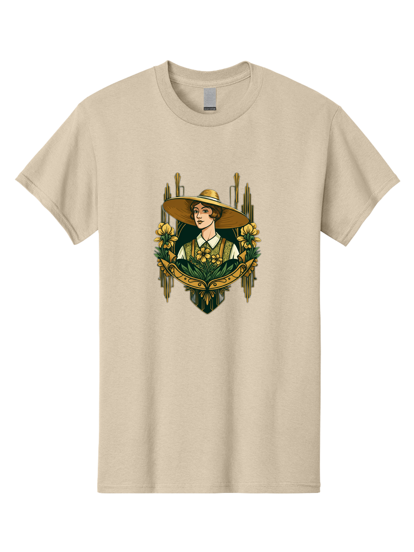 Lady-With-Sun-Hat Men'S Graphic Tee, 100% Cotton, Comfortable Casual Summer Wear, Machine Washable, Woman Wearing Sun Hat, Floral Arrangement, Yellow Flowers, Vintage Style, Art Nouveau, Natural Elegance, Feminine Charm, Decorative Elements, Baa910