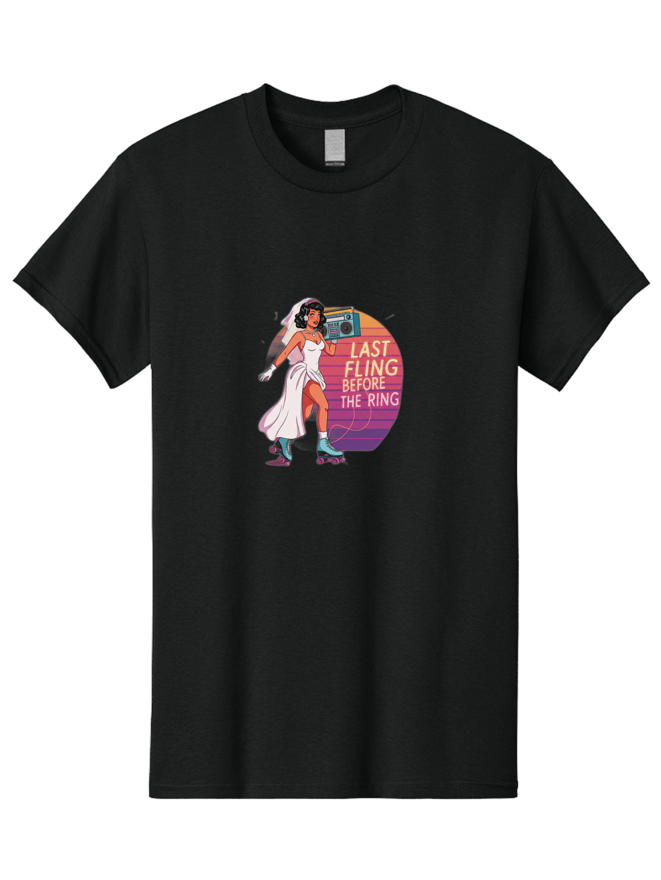 Last-Fling-Before-The-Ring-1 Men'S Graphic Tee, 100% Cotton, Comfortable Casual Summer Wear, Machine Washable, Bride On Roller Skates, Wedding Dress, Boombox, Last Fling Before The Ring, Fun, Party, Bachelorette, Playful Bride, Baa911