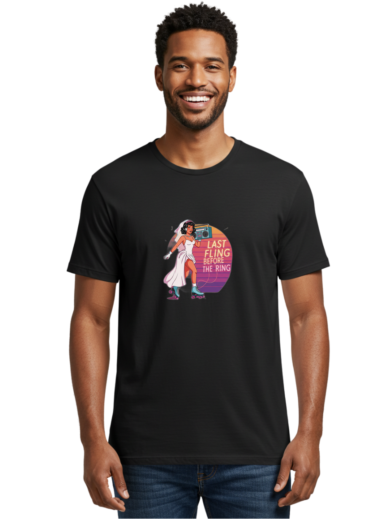 Last-Fling-Before-The-Ring-1 Men'S Graphic Tee, 100% Cotton, Comfortable Casual Summer Wear, Machine Washable, Bride On Roller Skates, Wedding Dress, Boombox, Last Fling Before The Ring, Fun, Party, Bachelorette, Playful Bride, Baa911