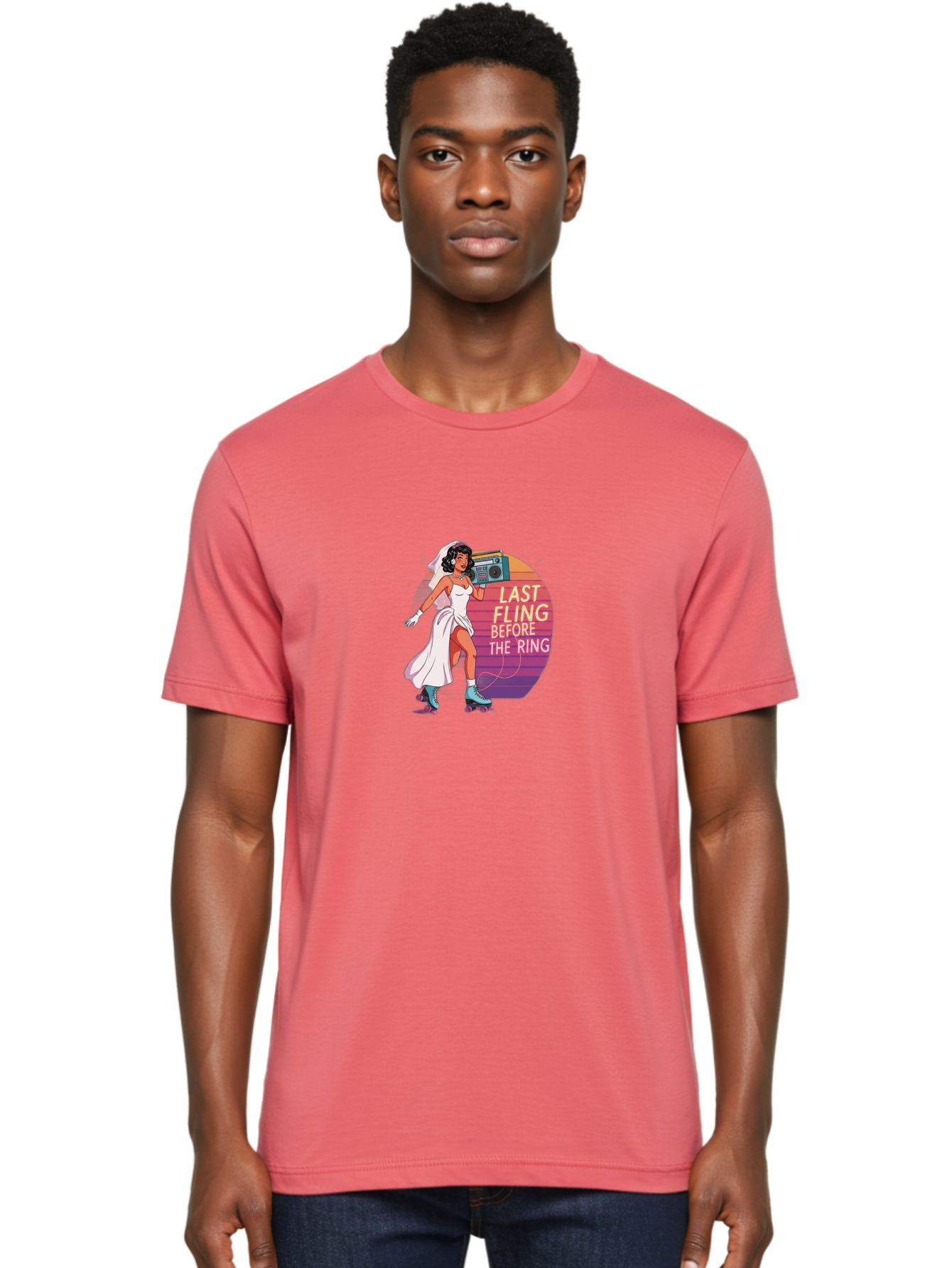 Last-Fling-Before-The-Ring-1 Men'S Graphic Tee, 100% Cotton, Comfortable Casual Summer Wear, Machine Washable, Bride On Roller Skates, Wedding Dress, Boombox, Last Fling Before The Ring, Fun, Party, Bachelorette, Playful Bride, Baa911