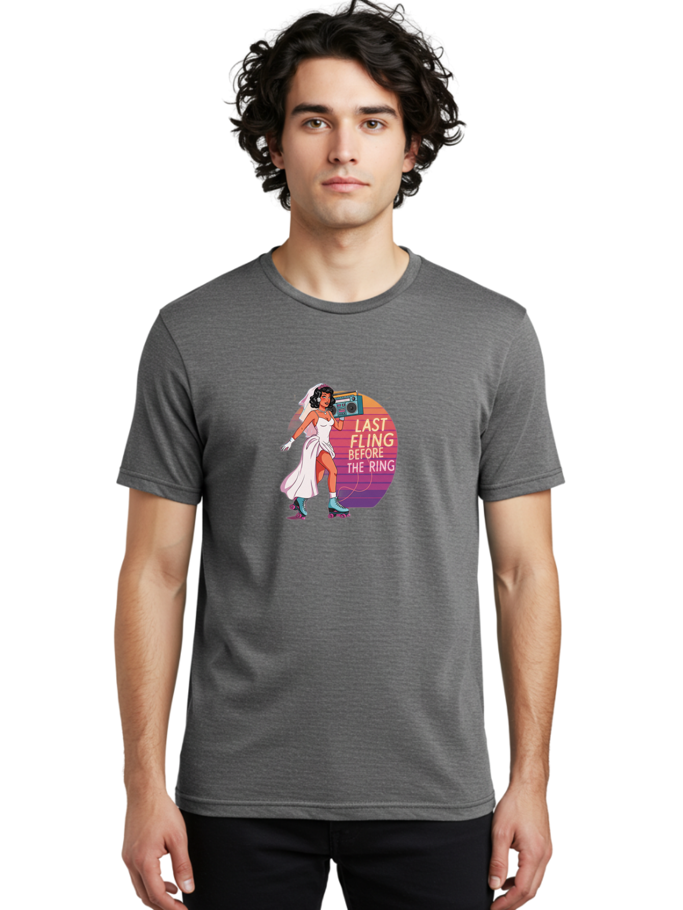 Last-Fling-Before-The-Ring-1 Men'S Graphic Tee, 100% Cotton, Comfortable Casual Summer Wear, Machine Washable, Bride On Roller Skates, Wedding Dress, Boombox, Last Fling Before The Ring, Fun, Party, Bachelorette, Playful Bride, Baa911