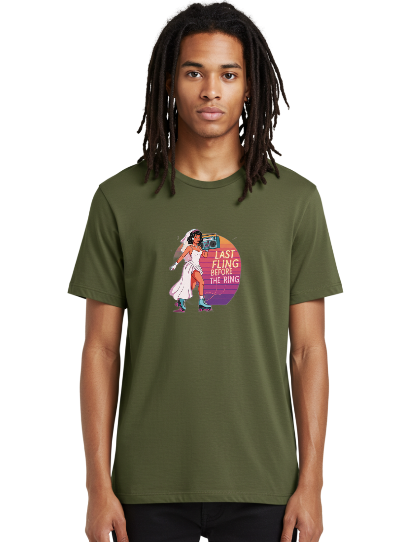 Last-Fling-Before-The-Ring-1 Men'S Graphic Tee, 100% Cotton, Comfortable Casual Summer Wear, Machine Washable, Bride On Roller Skates, Wedding Dress, Boombox, Last Fling Before The Ring, Fun, Party, Bachelorette, Playful Bride, Baa911