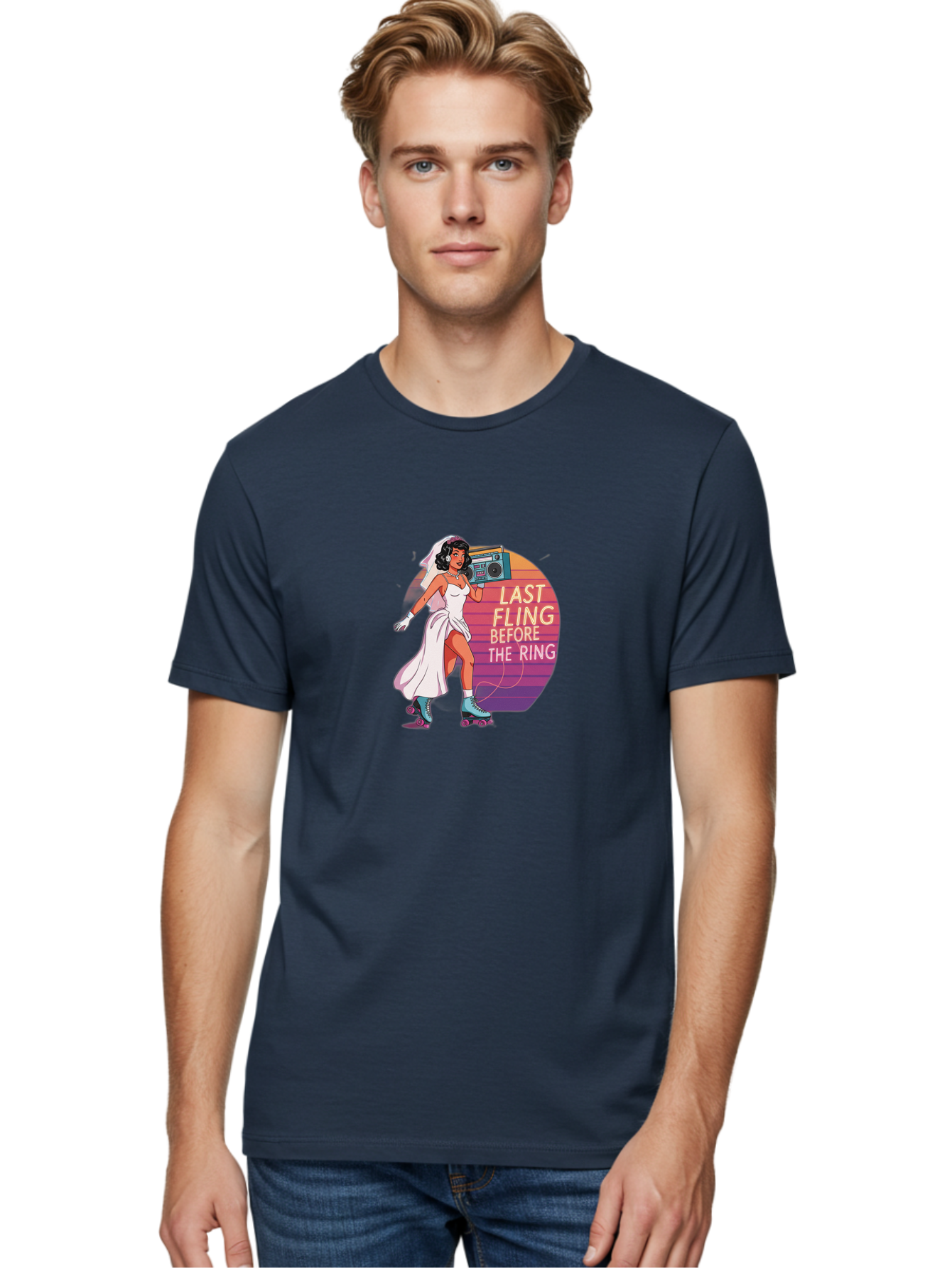Last-Fling-Before-The-Ring-1 Men'S Graphic Tee, 100% Cotton, Comfortable Casual Summer Wear, Machine Washable, Bride On Roller Skates, Wedding Dress, Boombox, Last Fling Before The Ring, Fun, Party, Bachelorette, Playful Bride, Baa911