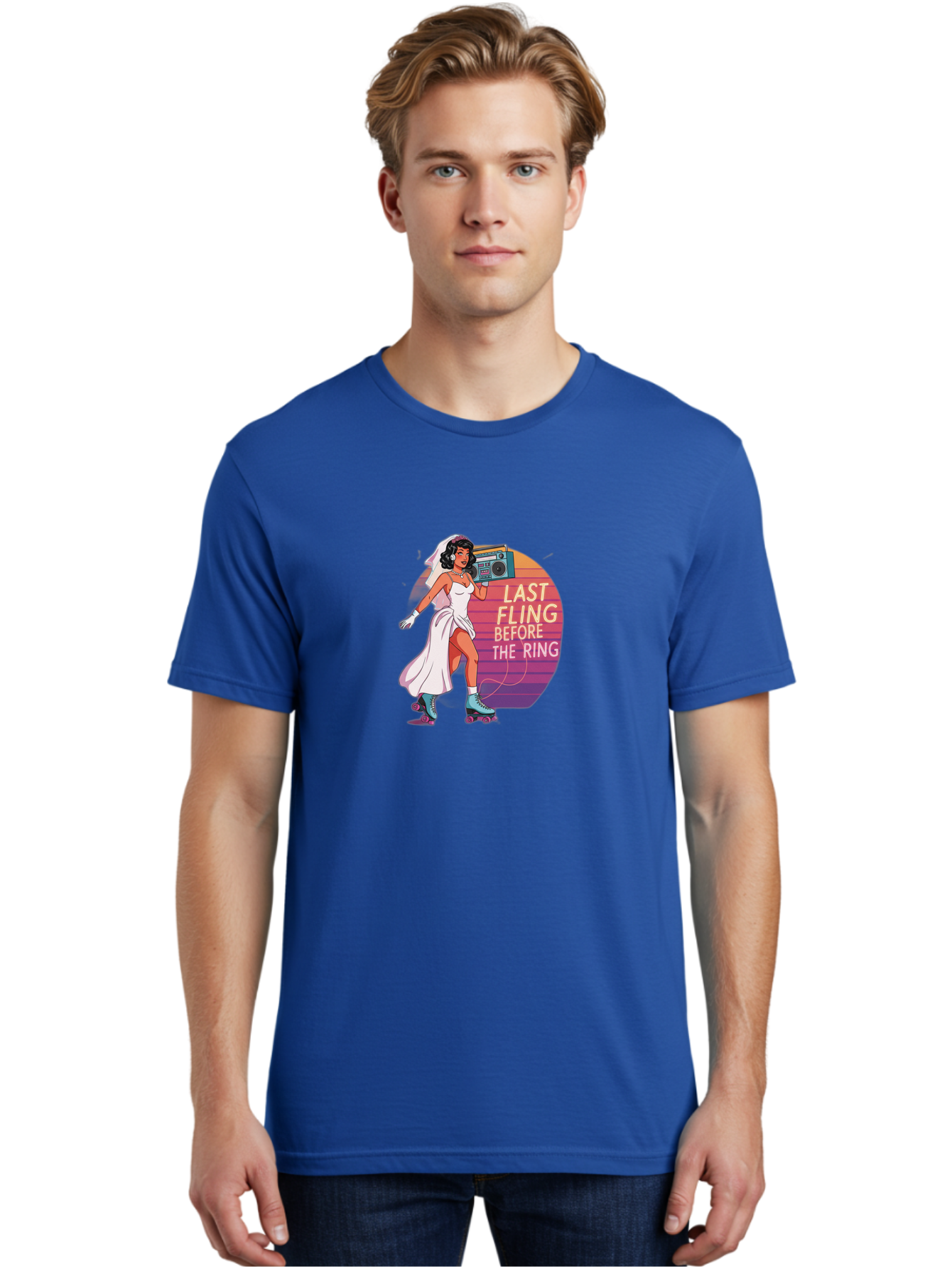 Last-Fling-Before-The-Ring-1 Men'S Graphic Tee, 100% Cotton, Comfortable Casual Summer Wear, Machine Washable, Bride On Roller Skates, Wedding Dress, Boombox, Last Fling Before The Ring, Fun, Party, Bachelorette, Playful Bride, Baa911