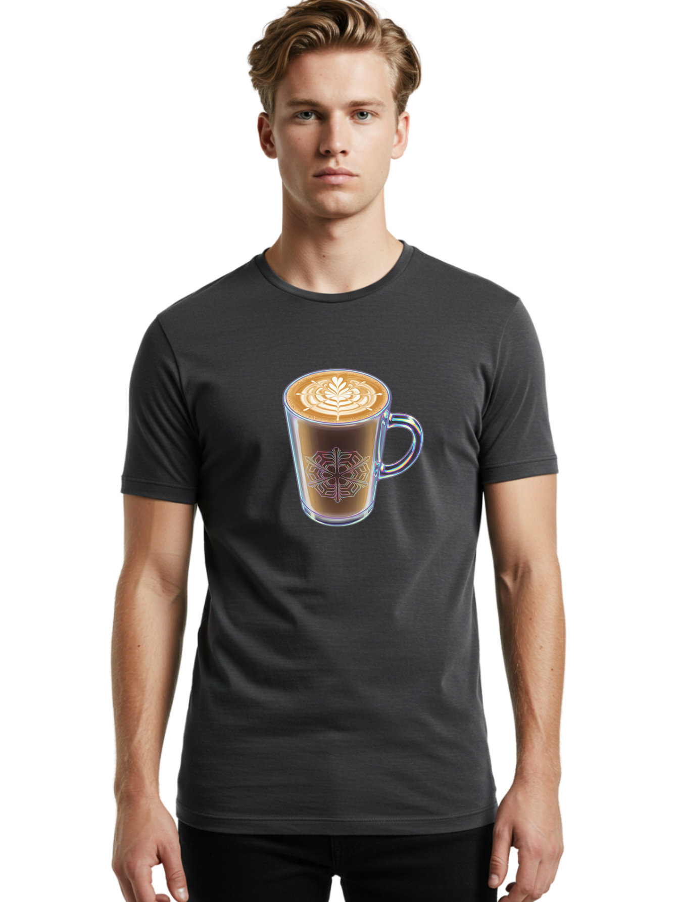 Latte-Art-Coffee Men'S Graphic Tee, 100% Cotton, Comfortable Casual Summer Wear, Machine Washable, Latte Art, Coffee Design, Coffee Cup, Leaf Pattern, Frothy Coffee, Coffee Drink, Gourmet Coffee, Artistic Coffee Baa913