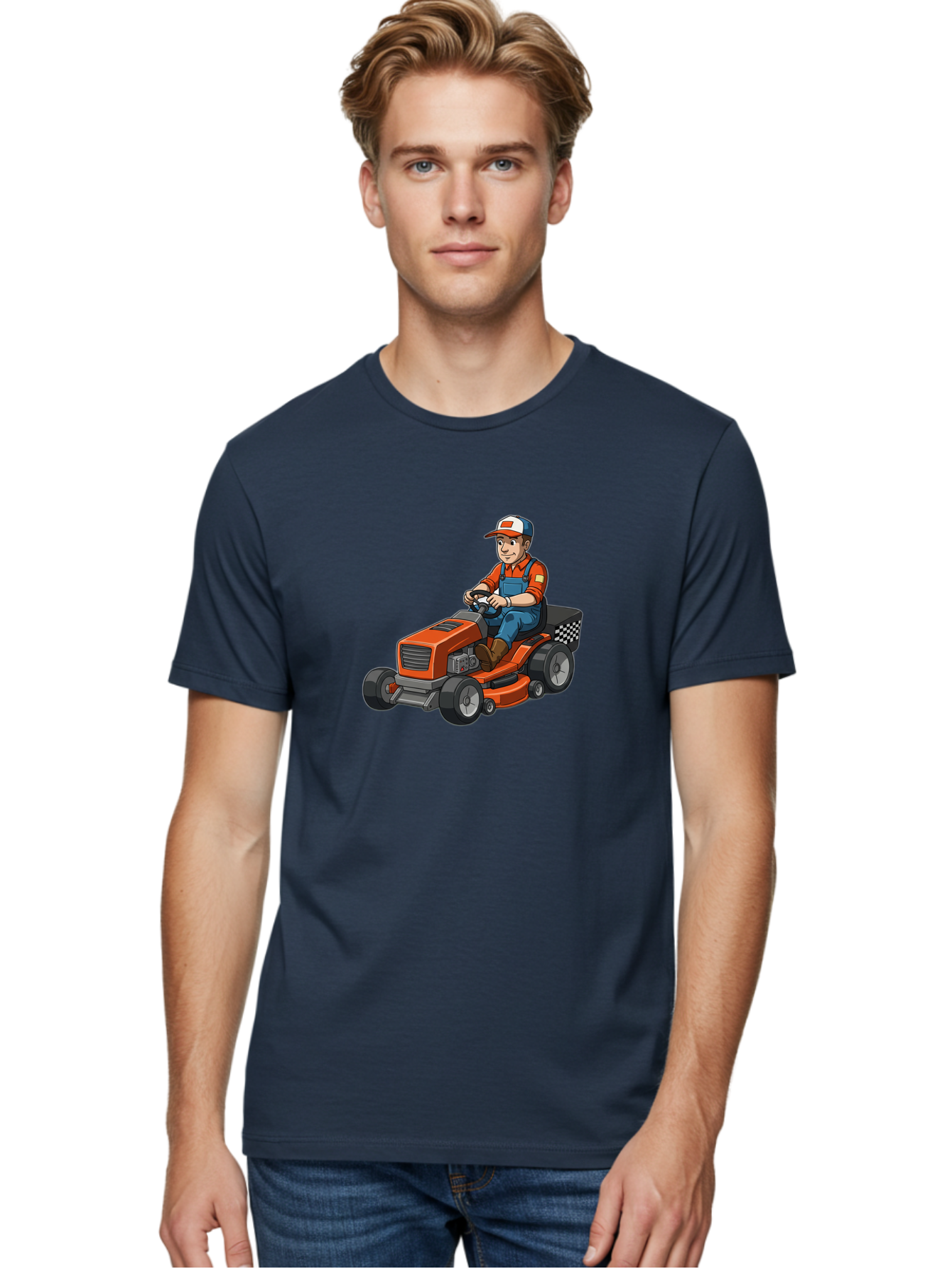 Lawn-Mower-Operator Men'S Graphic Tee, 100% Cotton, Comfortable Casual Summer Wear, Machine Washable, Lawn Mower, Gardening, Landscaping, Outdoor Work, Gardening Tools, Lawn Care, Mower, Orange Lawn Mower, Checkered Bag Baa916