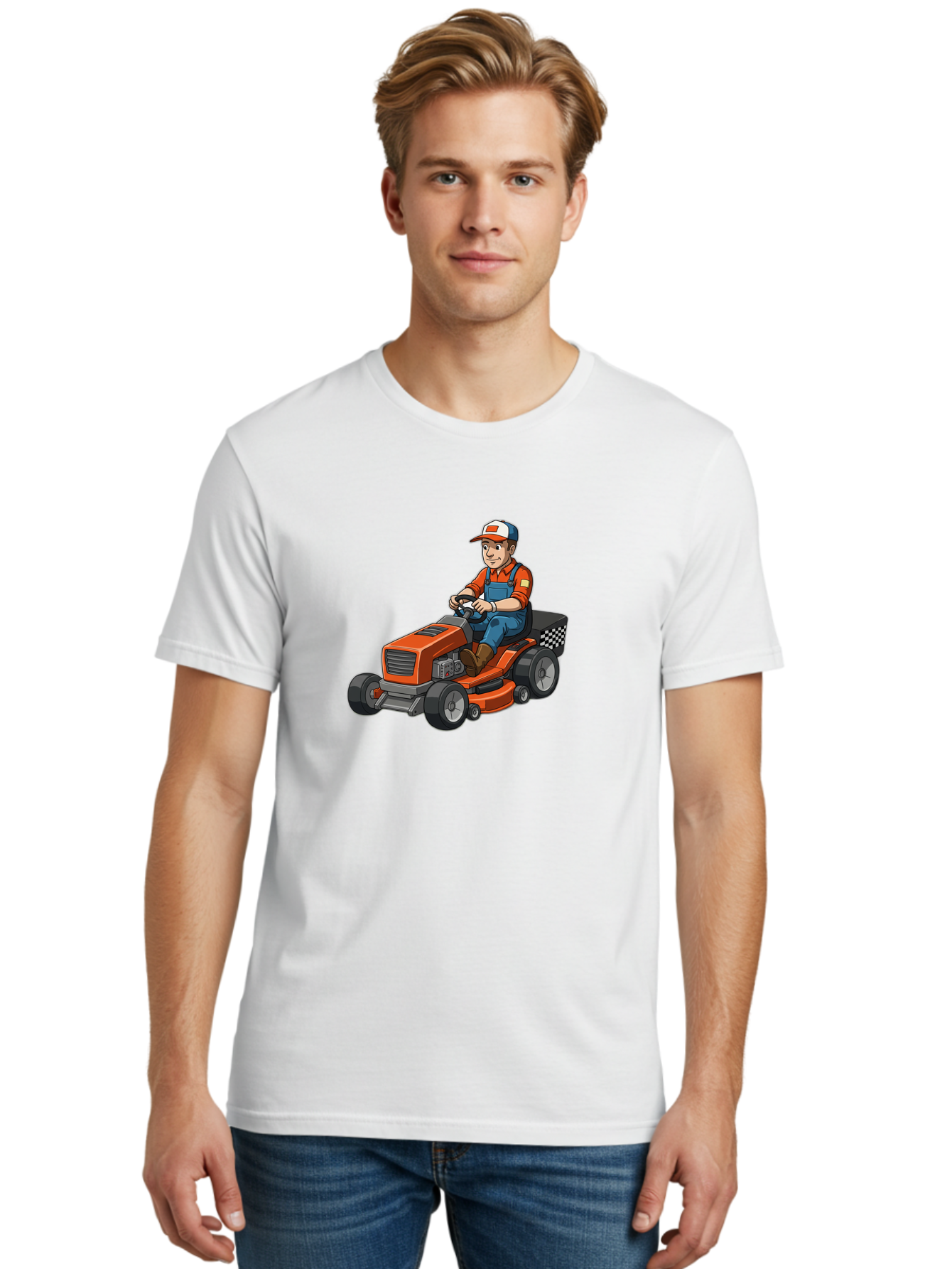 Lawn-Mower-Operator Men'S Graphic Tee, 100% Cotton, Comfortable Casual Summer Wear, Machine Washable, Lawn Mower, Gardening, Landscaping, Outdoor Work, Gardening Tools, Lawn Care, Mower, Orange Lawn Mower, Checkered Bag Baa916