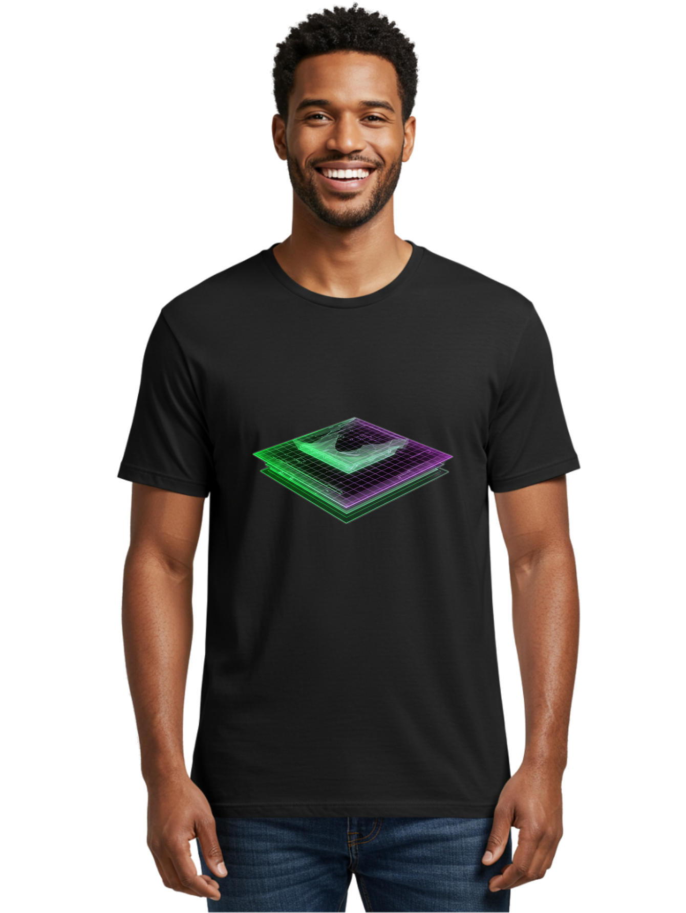 Layered-Grid Men'S Graphic Tee, 100% Cotton, Comfortable Casual Summer Wear, Machine Washable, 3D Grid, Layered Squares, Purple And Green Accents, Grid Pattern, Digital Art, Futuristic Design, Abstract Shapes, Modern Graphic, Layered Effect Baa917