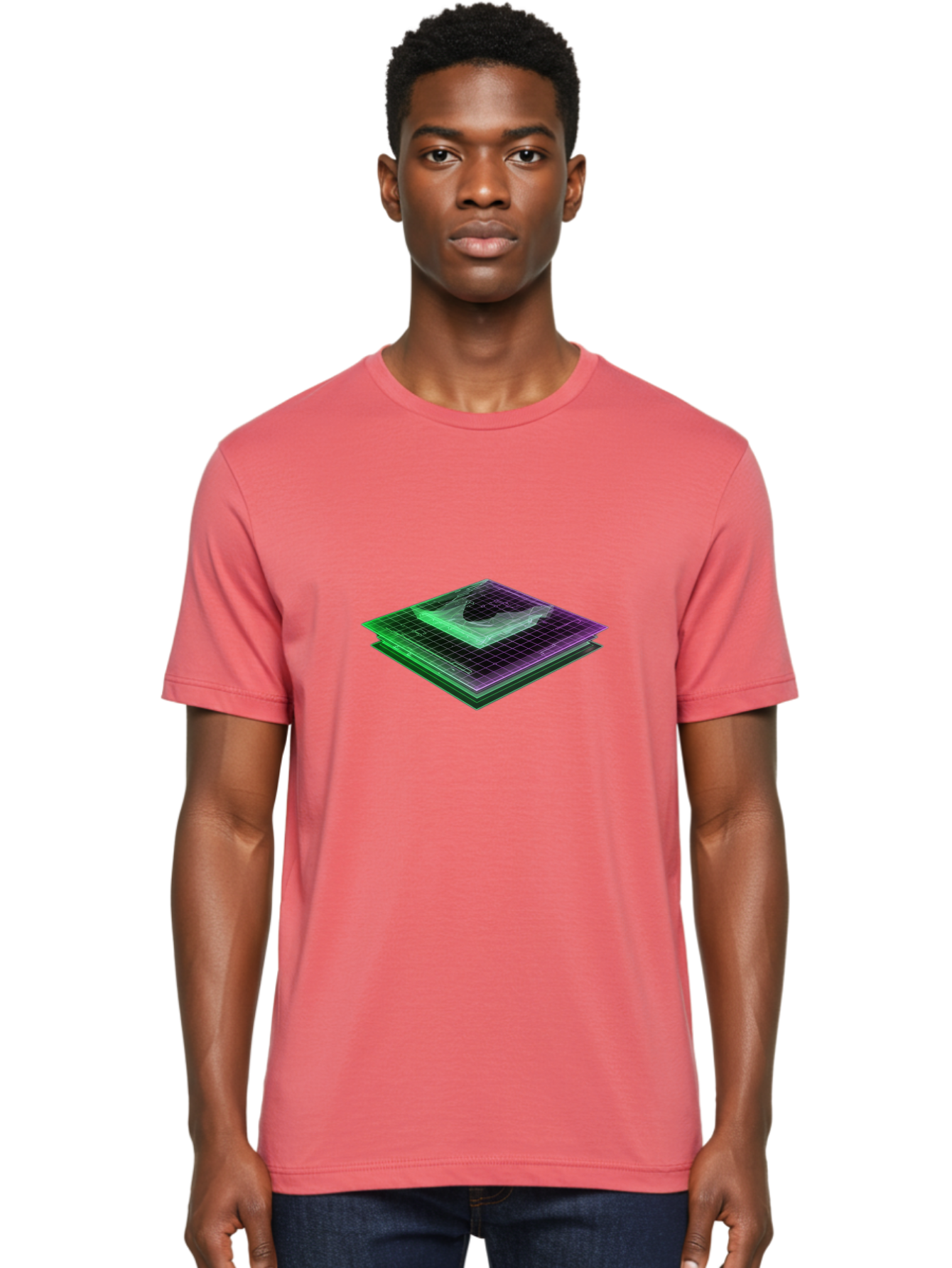 Layered-Grid Men'S Graphic Tee, 100% Cotton, Comfortable Casual Summer Wear, Machine Washable, 3D Grid, Layered Squares, Purple And Green Accents, Grid Pattern, Digital Art, Futuristic Design, Abstract Shapes, Modern Graphic, Layered Effect Baa917