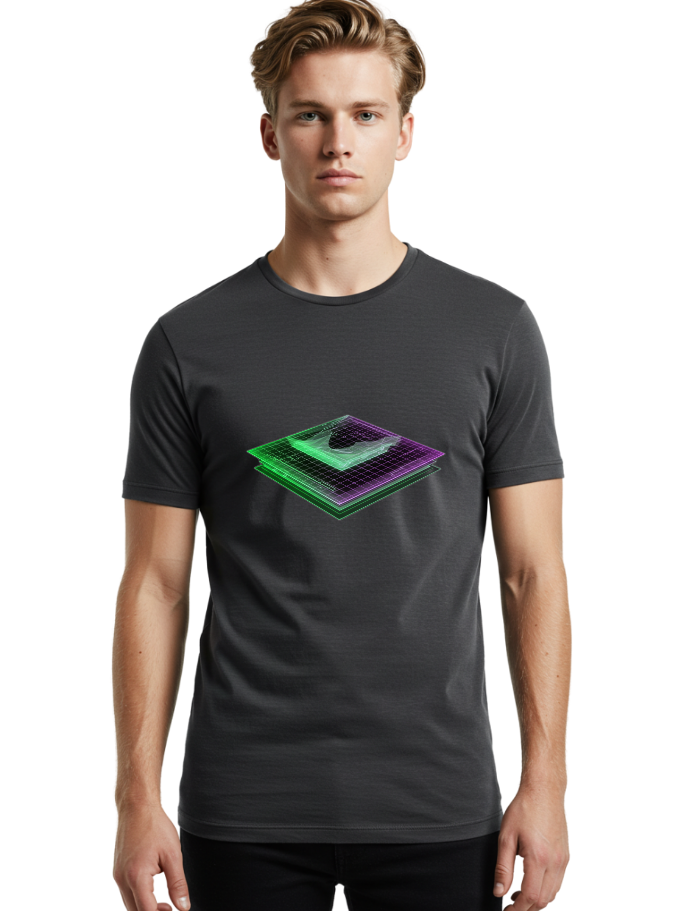 Layered-Grid Men'S Graphic Tee, 100% Cotton, Comfortable Casual Summer Wear, Machine Washable, 3D Grid, Layered Squares, Purple And Green Accents, Grid Pattern, Digital Art, Futuristic Design, Abstract Shapes, Modern Graphic, Layered Effect Baa917