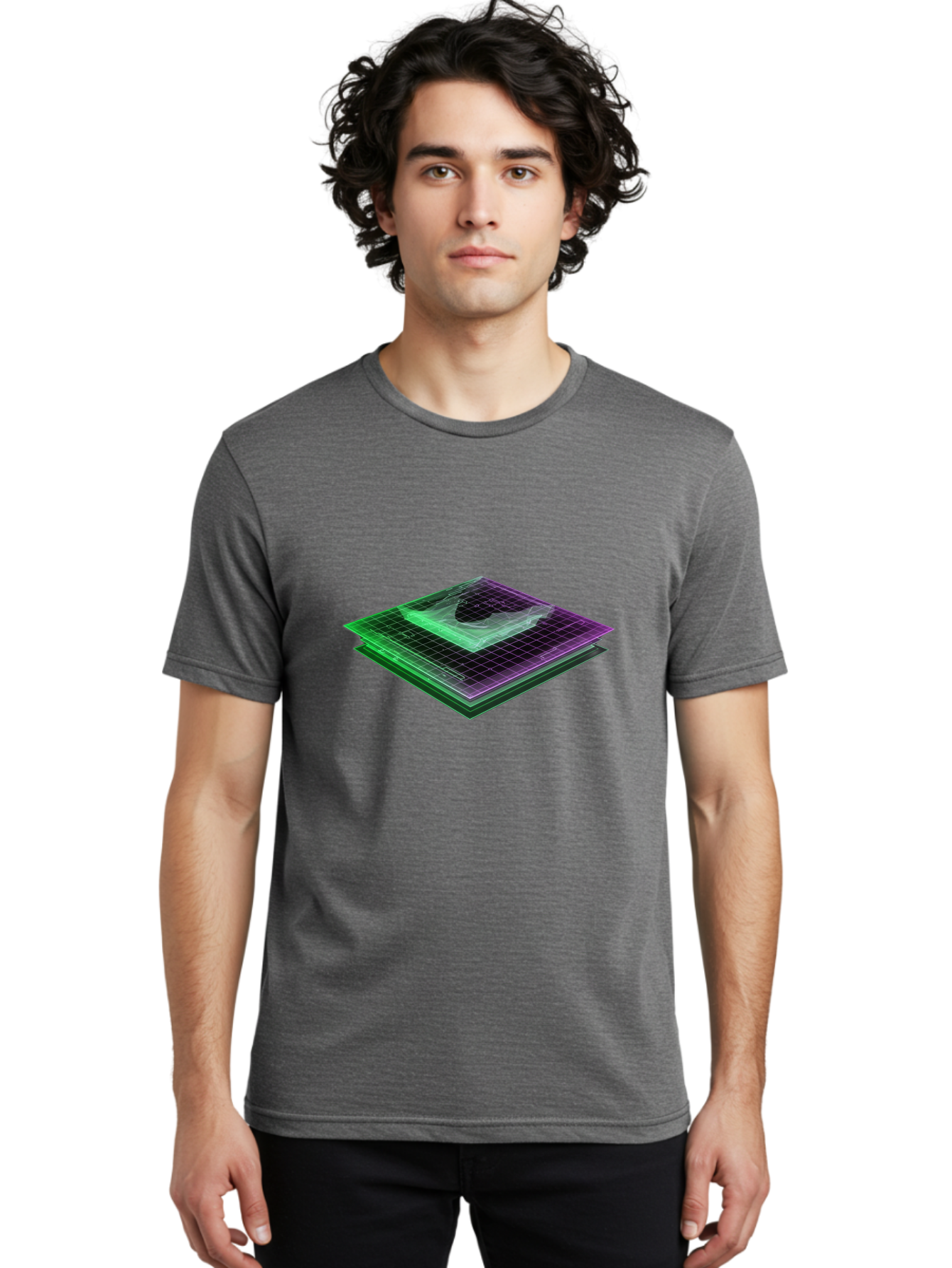 Layered-Grid Men'S Graphic Tee, 100% Cotton, Comfortable Casual Summer Wear, Machine Washable, 3D Grid, Layered Squares, Purple And Green Accents, Grid Pattern, Digital Art, Futuristic Design, Abstract Shapes, Modern Graphic, Layered Effect Baa917