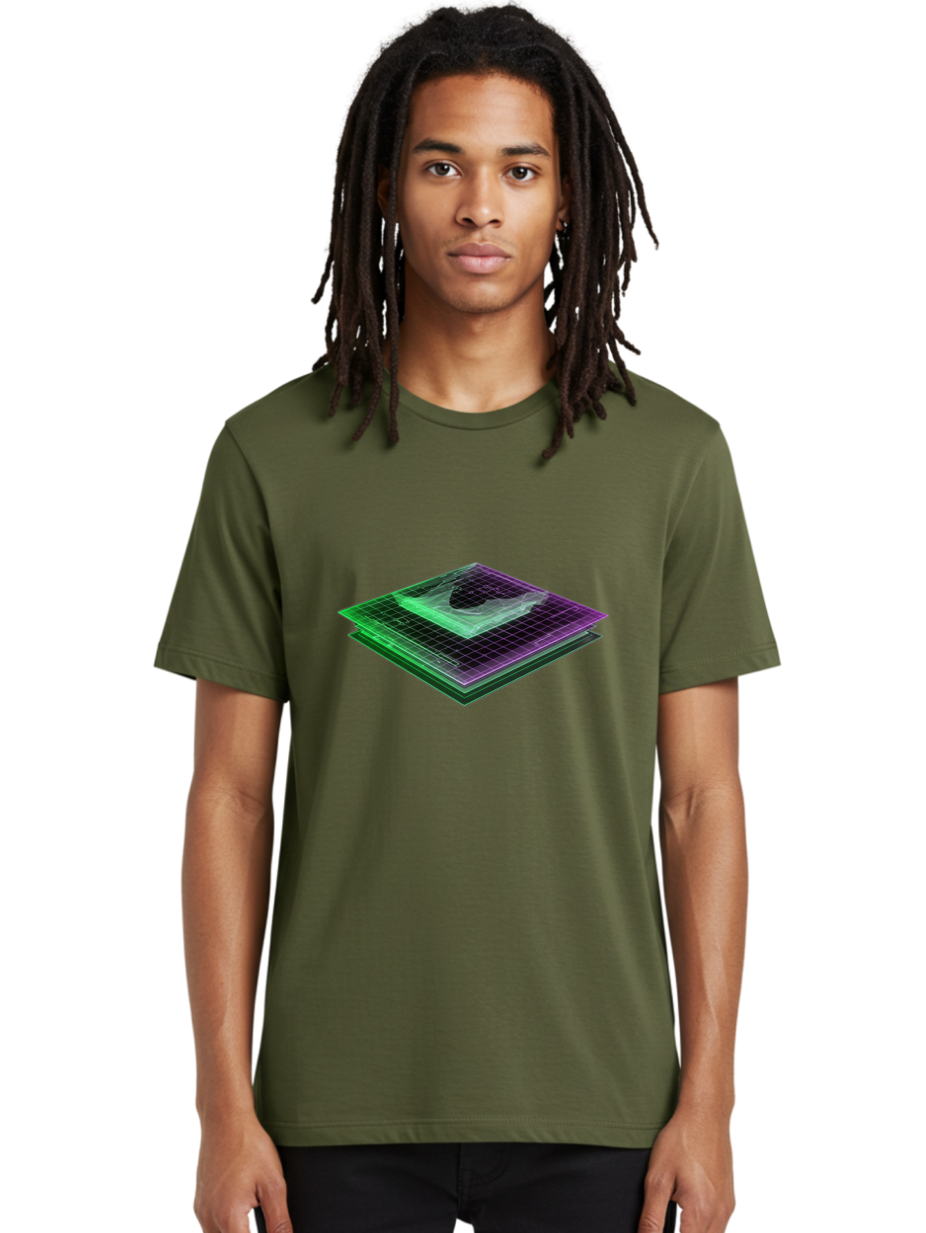 Layered-Grid Men'S Graphic Tee, 100% Cotton, Comfortable Casual Summer Wear, Machine Washable, 3D Grid, Layered Squares, Purple And Green Accents, Grid Pattern, Digital Art, Futuristic Design, Abstract Shapes, Modern Graphic, Layered Effect Baa917
