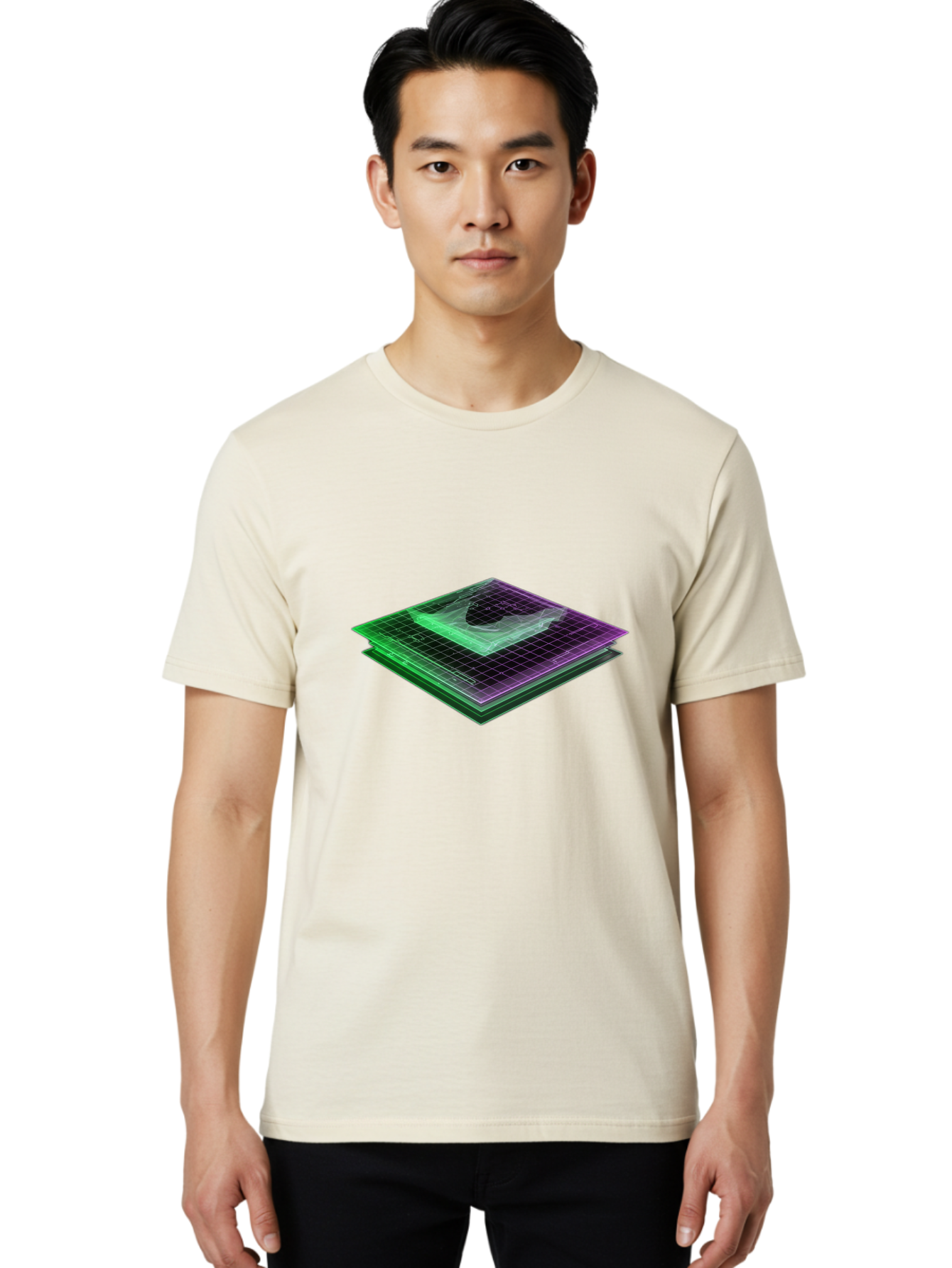 Layered-Grid Men'S Graphic Tee, 100% Cotton, Comfortable Casual Summer Wear, Machine Washable, 3D Grid, Layered Squares, Purple And Green Accents, Grid Pattern, Digital Art, Futuristic Design, Abstract Shapes, Modern Graphic, Layered Effect Baa917
