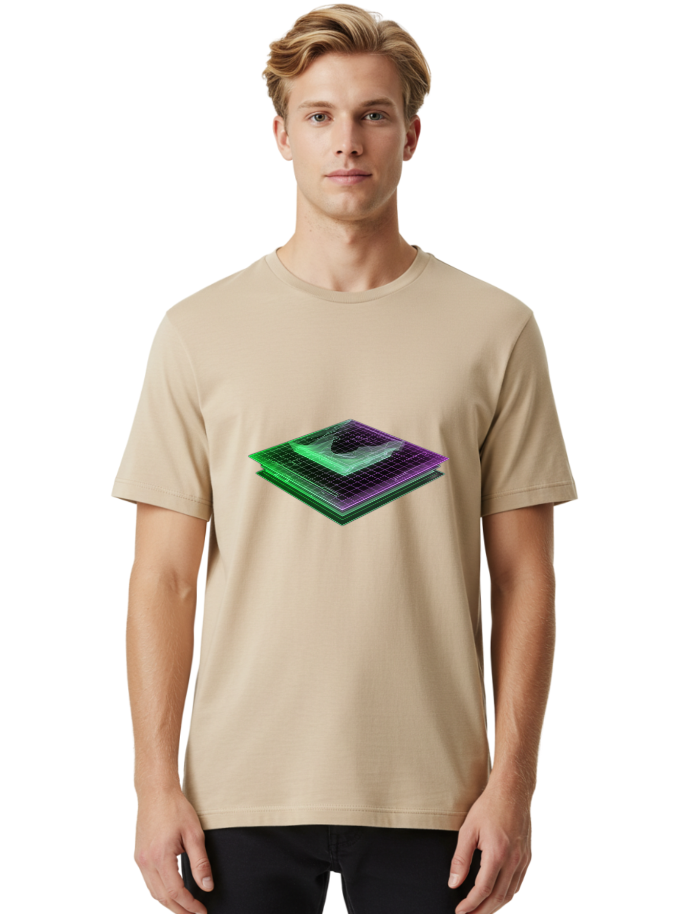 Layered-Grid Men'S Graphic Tee, 100% Cotton, Comfortable Casual Summer Wear, Machine Washable, 3D Grid, Layered Squares, Purple And Green Accents, Grid Pattern, Digital Art, Futuristic Design, Abstract Shapes, Modern Graphic, Layered Effect Baa917