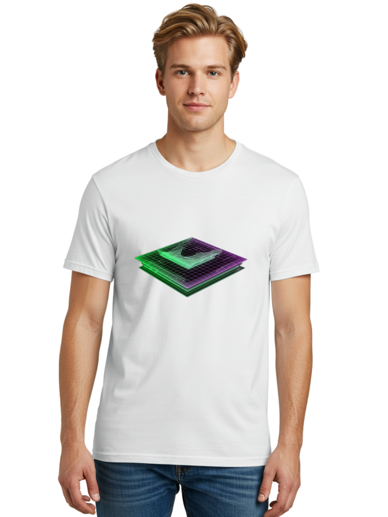 Layered-Grid Men'S Graphic Tee, 100% Cotton, Comfortable Casual Summer Wear, Machine Washable, 3D Grid, Layered Squares, Purple And Green Accents, Grid Pattern, Digital Art, Futuristic Design, Abstract Shapes, Modern Graphic, Layered Effect Baa917