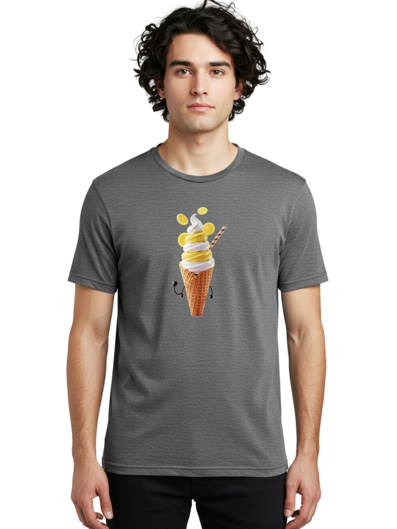 Lemon-Ice-Cream-Cone Men'S Graphic Tee, 100% Cotton, Comfortable Casual Summer Wear, Machine Washable, Lemon Ice Cream, Soft Serve Ice Cream, Waffle Cone, Citrus Flavor, Sweet Treat, Frozen Dessert, Summer Snack, Refreshing Dessert, Fun Food, Baa919