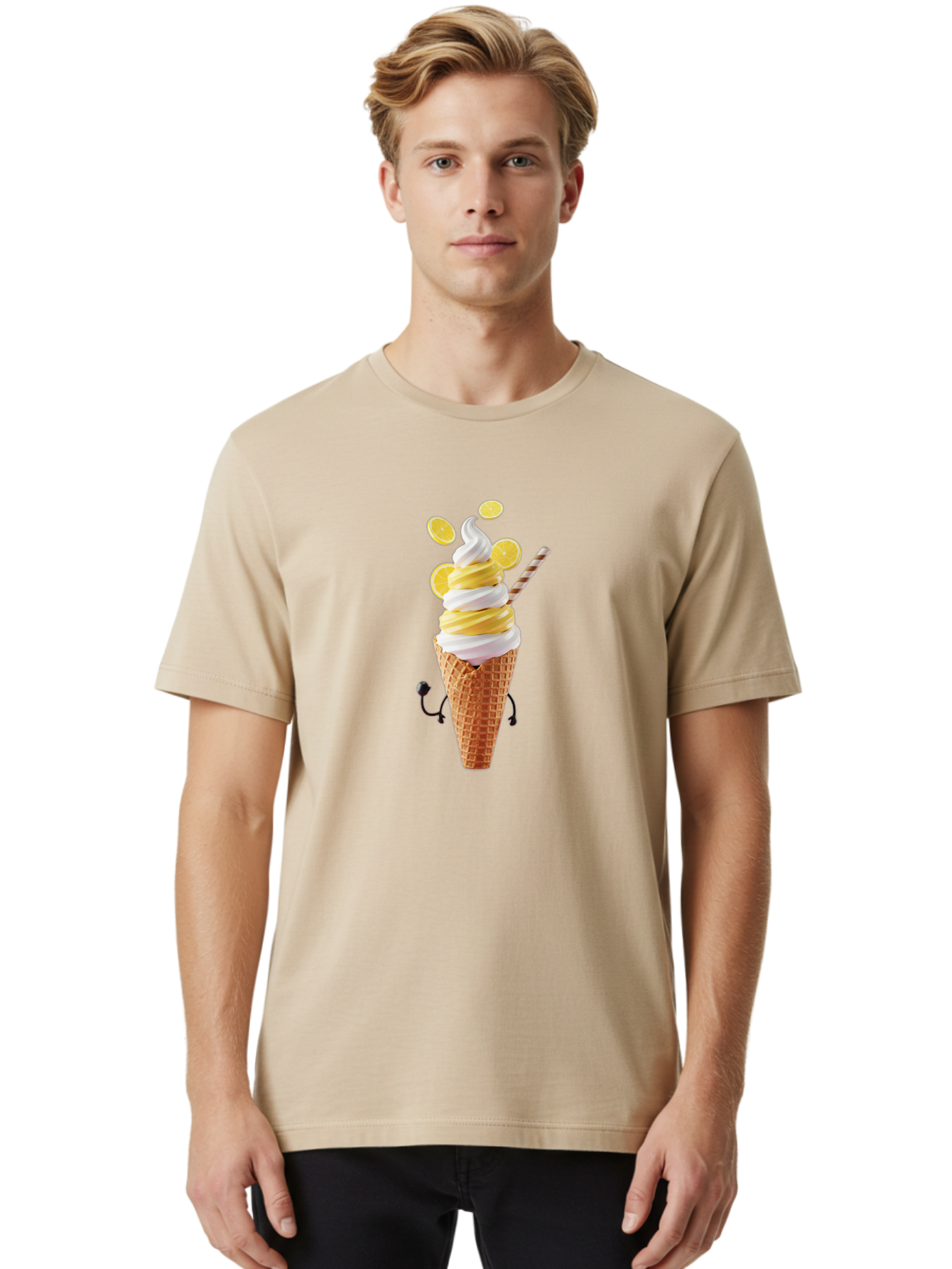 Lemon-Ice-Cream-Cone Men'S Graphic Tee, 100% Cotton, Comfortable Casual Summer Wear, Machine Washable, Lemon Ice Cream, Soft Serve Ice Cream, Waffle Cone, Citrus Flavor, Sweet Treat, Frozen Dessert, Summer Snack, Refreshing Dessert, Fun Food, Baa919