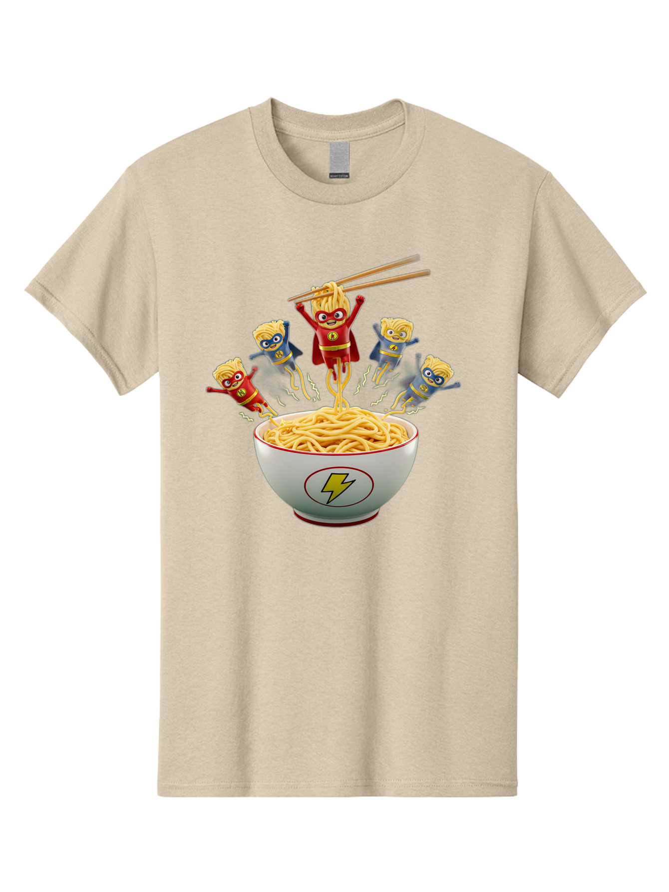 Lightning-Noodles Men'S Graphic Tee, 100% Cotton, Comfortable Casual Summer Wear, Machine Washable, Noodle Superheroes, Cartoon Characters, Comic Book Style, Asian Cuisine, Noodles, Chopsticks, Superhero Costumes, Funny, Playful, Baa920