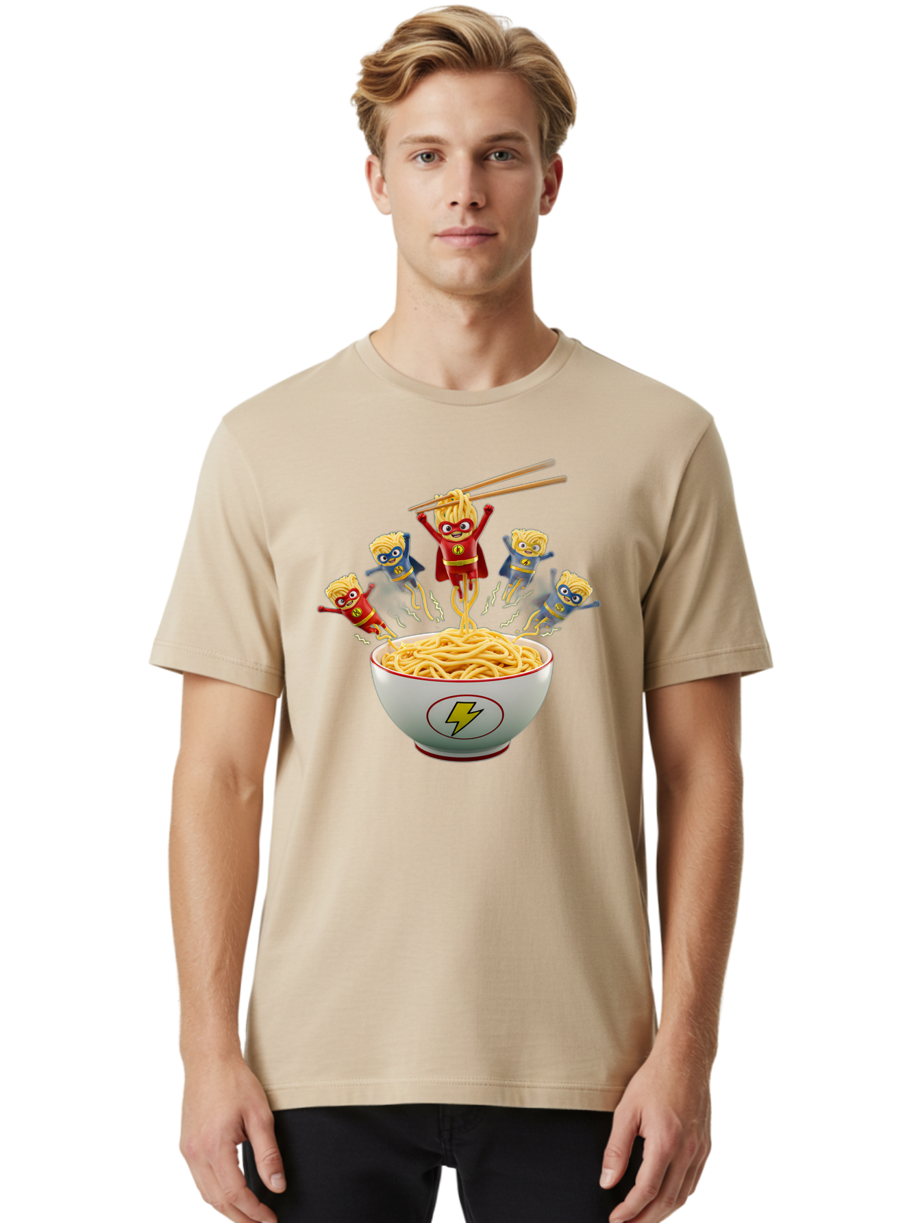 Lightning-Noodles Men'S Graphic Tee, 100% Cotton, Comfortable Casual Summer Wear, Machine Washable, Noodle Superheroes, Cartoon Characters, Comic Book Style, Asian Cuisine, Noodles, Chopsticks, Superhero Costumes, Funny, Playful, Baa920