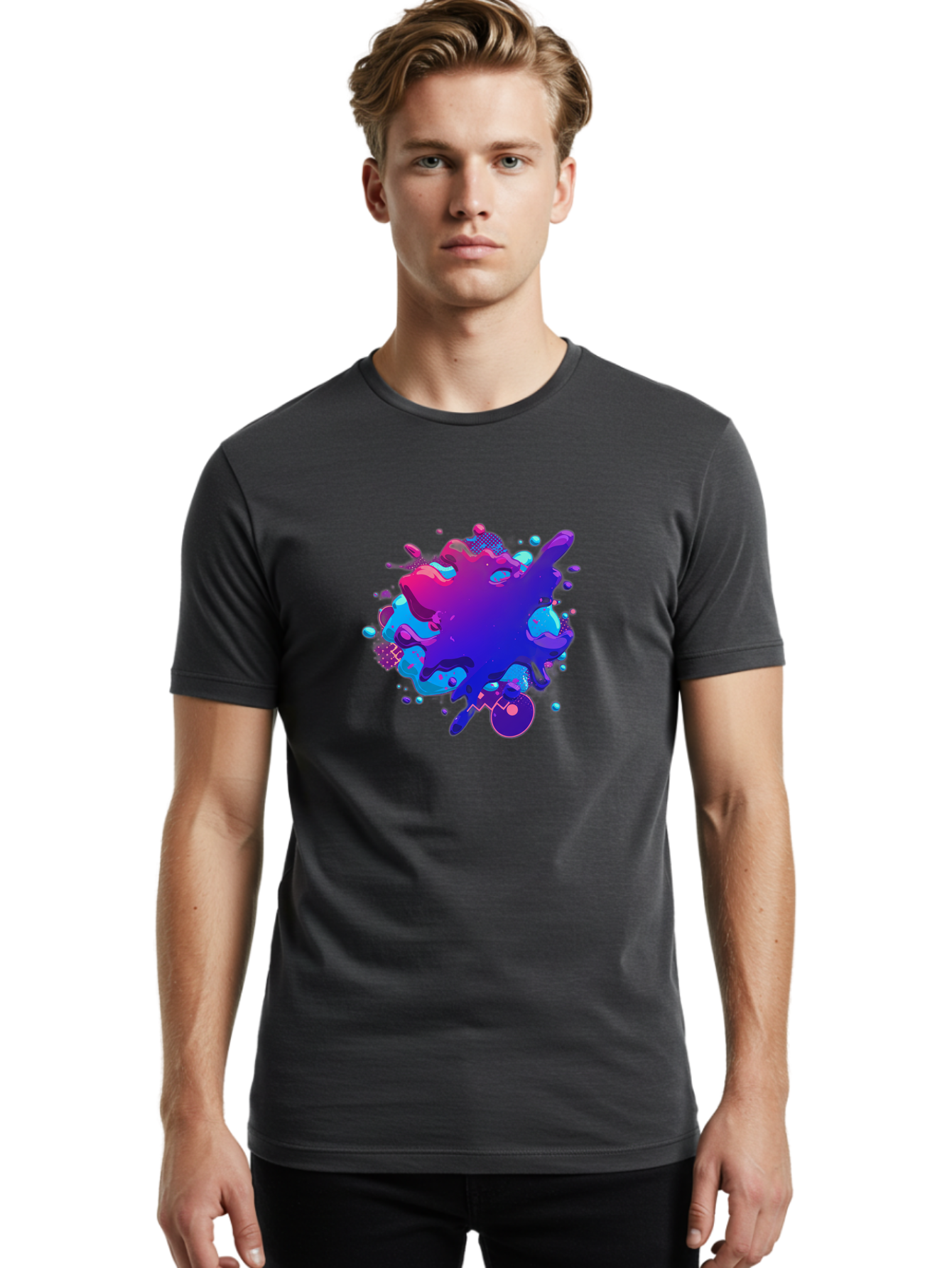 Liquid-Splash Men'S Graphic Tee, 100% Cotton, Comfortable Casual Summer Wear, Machine Washable, Purple Paint Splash, Vibrant Colors, Abstract Design, Fluid Art, Dynamic Shapes, Creative Expression, Colorful Splatter, Artistic Splash Baa923