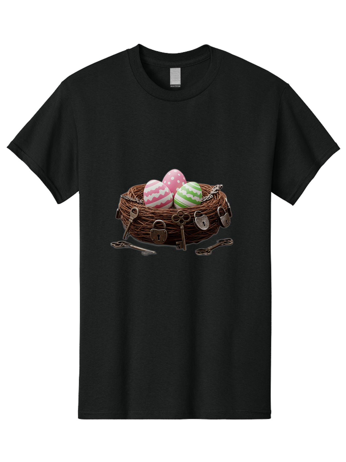 Locked-Nest-With-Easter-Eggs Men'S Graphic Tee, 100% Cotton, Comfortable Casual Summer Wear, Machine Washable, Easter Eggs In A Nest, Locked Nest, Vintage Keys, Padlocks, Easter Decorations, Spring Theme, Symbolic Eggs, Retro Style, Baa927