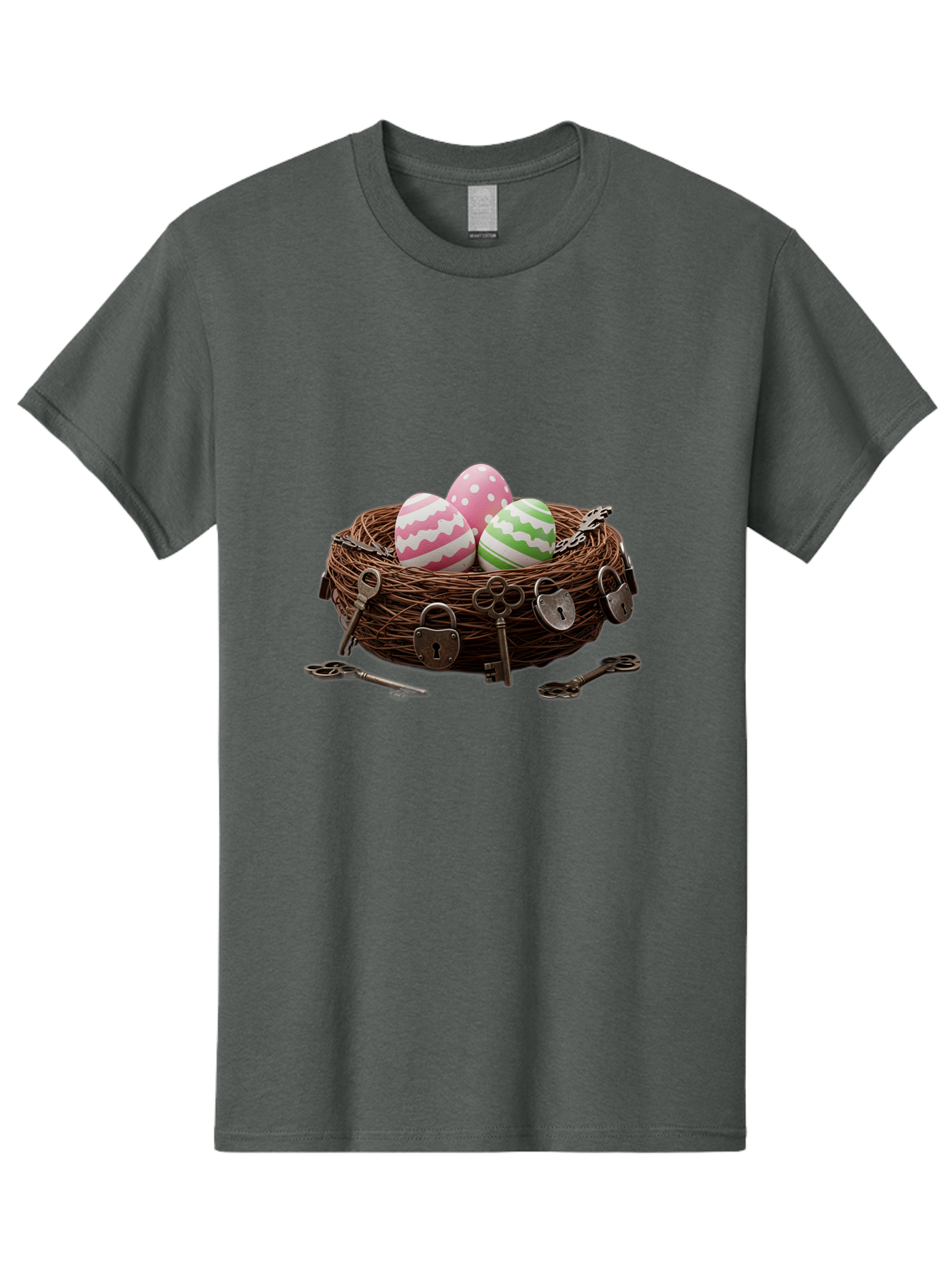 Locked-Nest-With-Easter-Eggs Men'S Graphic Tee, 100% Cotton, Comfortable Casual Summer Wear, Machine Washable, Easter Eggs In A Nest, Locked Nest, Vintage Keys, Padlocks, Easter Decorations, Spring Theme, Symbolic Eggs, Retro Style, Baa927