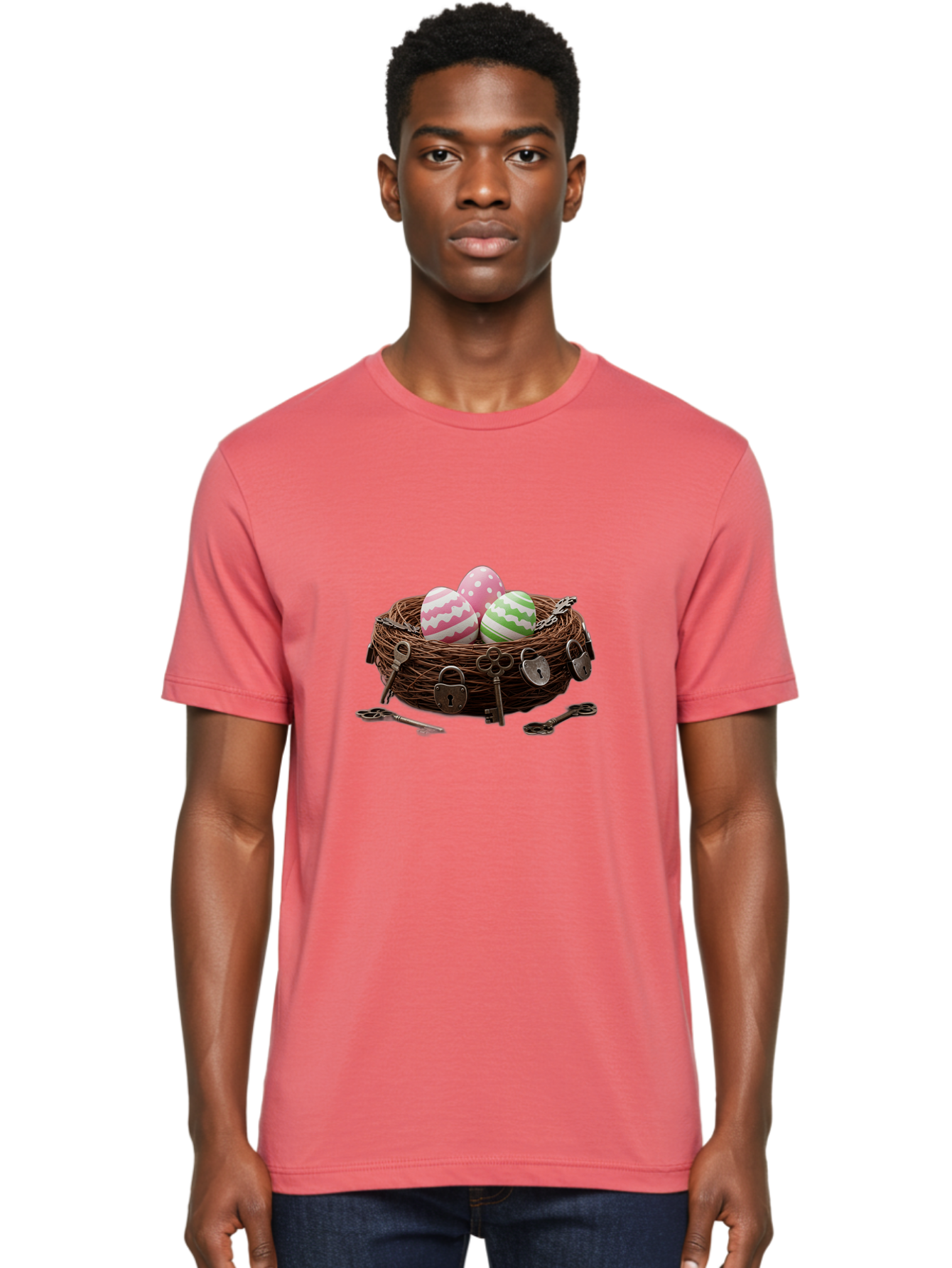 Locked-Nest-With-Easter-Eggs Men'S Graphic Tee, 100% Cotton, Comfortable Casual Summer Wear, Machine Washable, Easter Eggs In A Nest, Locked Nest, Vintage Keys, Padlocks, Easter Decorations, Spring Theme, Symbolic Eggs, Retro Style, Baa927