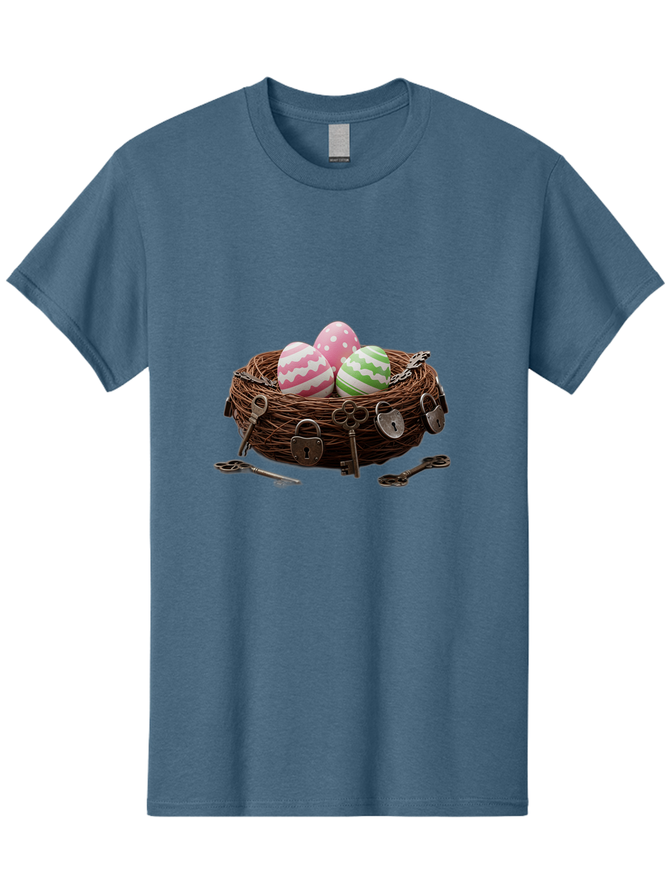 Locked-Nest-With-Easter-Eggs Men'S Graphic Tee, 100% Cotton, Comfortable Casual Summer Wear, Machine Washable, Easter Eggs In A Nest, Locked Nest, Vintage Keys, Padlocks, Easter Decorations, Spring Theme, Symbolic Eggs, Retro Style, Baa927