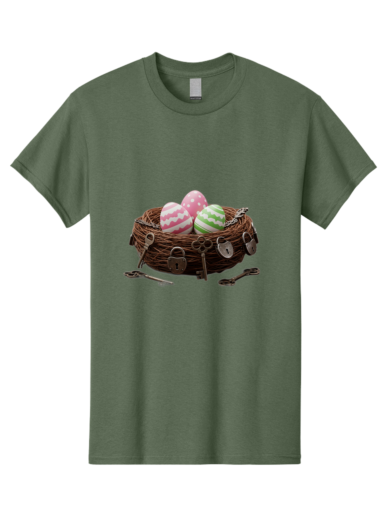 Locked-Nest-With-Easter-Eggs Men'S Graphic Tee, 100% Cotton, Comfortable Casual Summer Wear, Machine Washable, Easter Eggs In A Nest, Locked Nest, Vintage Keys, Padlocks, Easter Decorations, Spring Theme, Symbolic Eggs, Retro Style, Baa927