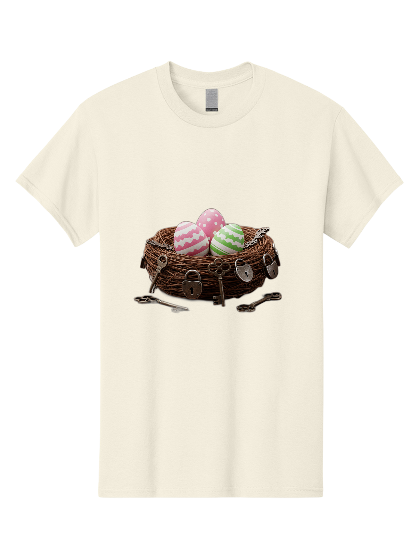 Locked-Nest-With-Easter-Eggs Men'S Graphic Tee, 100% Cotton, Comfortable Casual Summer Wear, Machine Washable, Easter Eggs In A Nest, Locked Nest, Vintage Keys, Padlocks, Easter Decorations, Spring Theme, Symbolic Eggs, Retro Style, Baa927