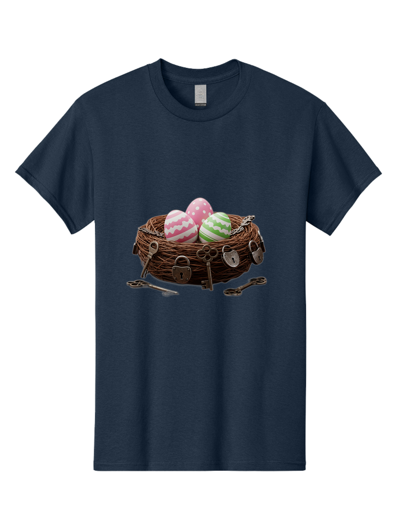 Locked-Nest-With-Easter-Eggs Men'S Graphic Tee, 100% Cotton, Comfortable Casual Summer Wear, Machine Washable, Easter Eggs In A Nest, Locked Nest, Vintage Keys, Padlocks, Easter Decorations, Spring Theme, Symbolic Eggs, Retro Style, Baa927