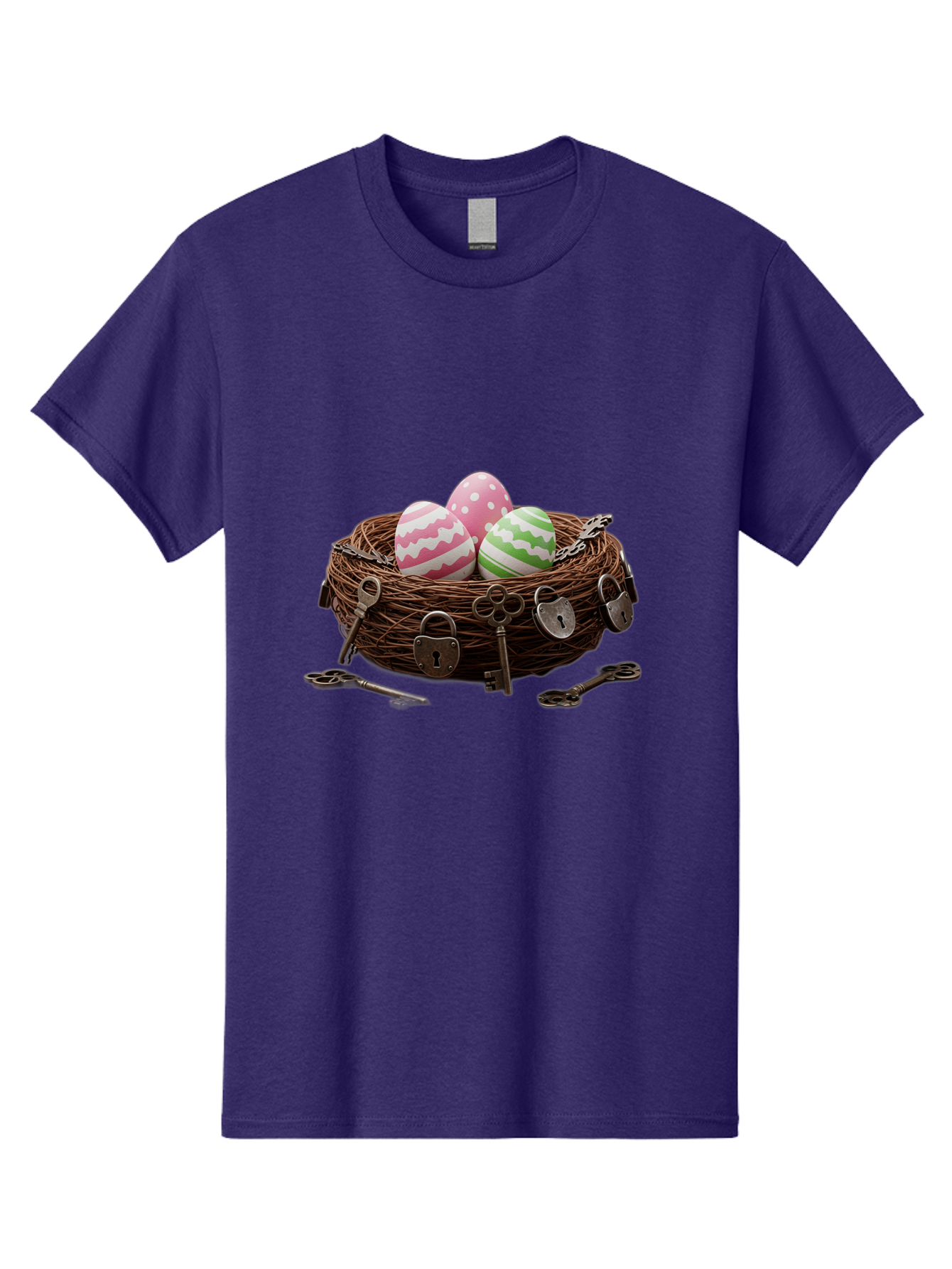 Locked-Nest-With-Easter-Eggs Men'S Graphic Tee, 100% Cotton, Comfortable Casual Summer Wear, Machine Washable, Easter Eggs In A Nest, Locked Nest, Vintage Keys, Padlocks, Easter Decorations, Spring Theme, Symbolic Eggs, Retro Style, Baa927