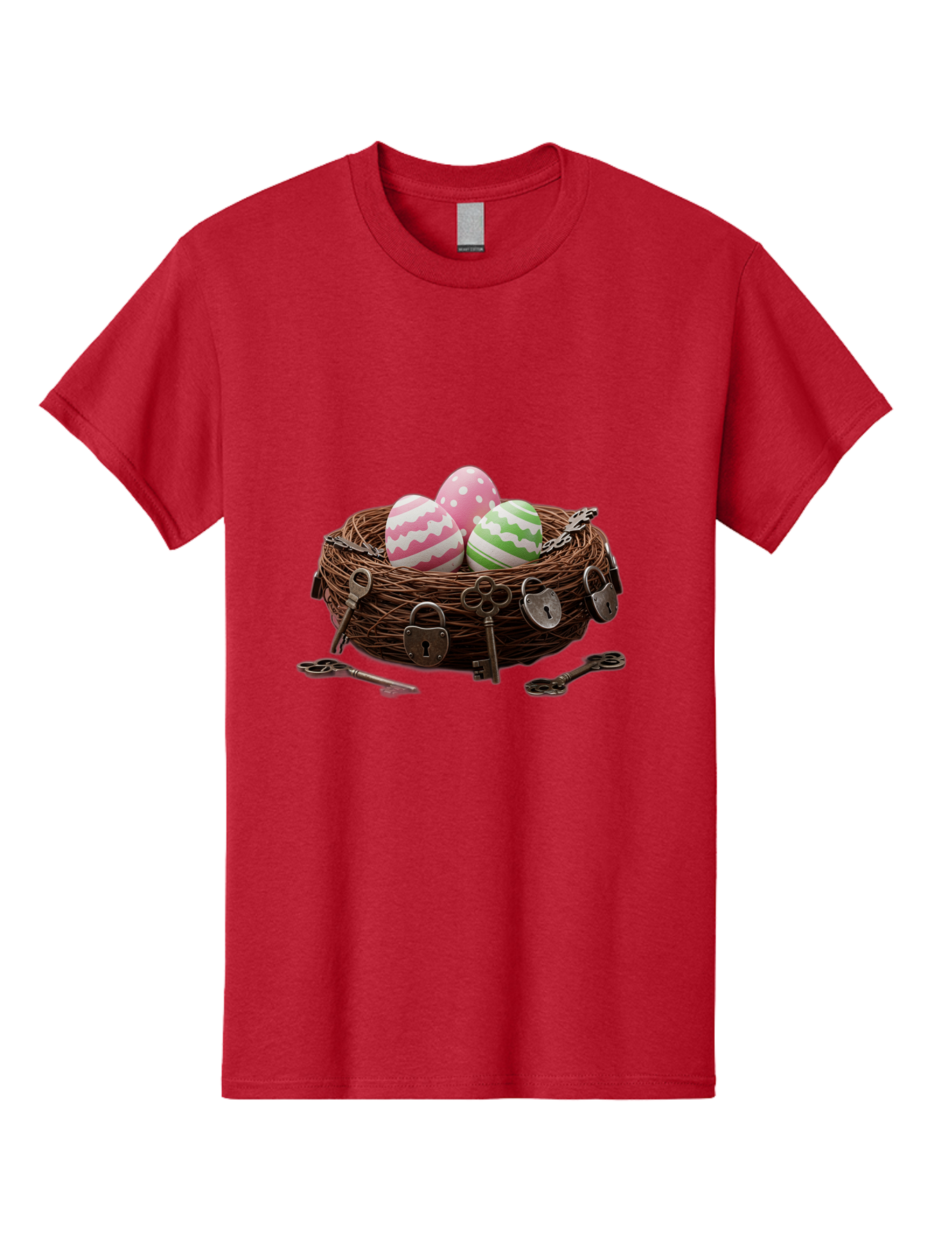 Locked-Nest-With-Easter-Eggs Men'S Graphic Tee, 100% Cotton, Comfortable Casual Summer Wear, Machine Washable, Easter Eggs In A Nest, Locked Nest, Vintage Keys, Padlocks, Easter Decorations, Spring Theme, Symbolic Eggs, Retro Style, Baa927