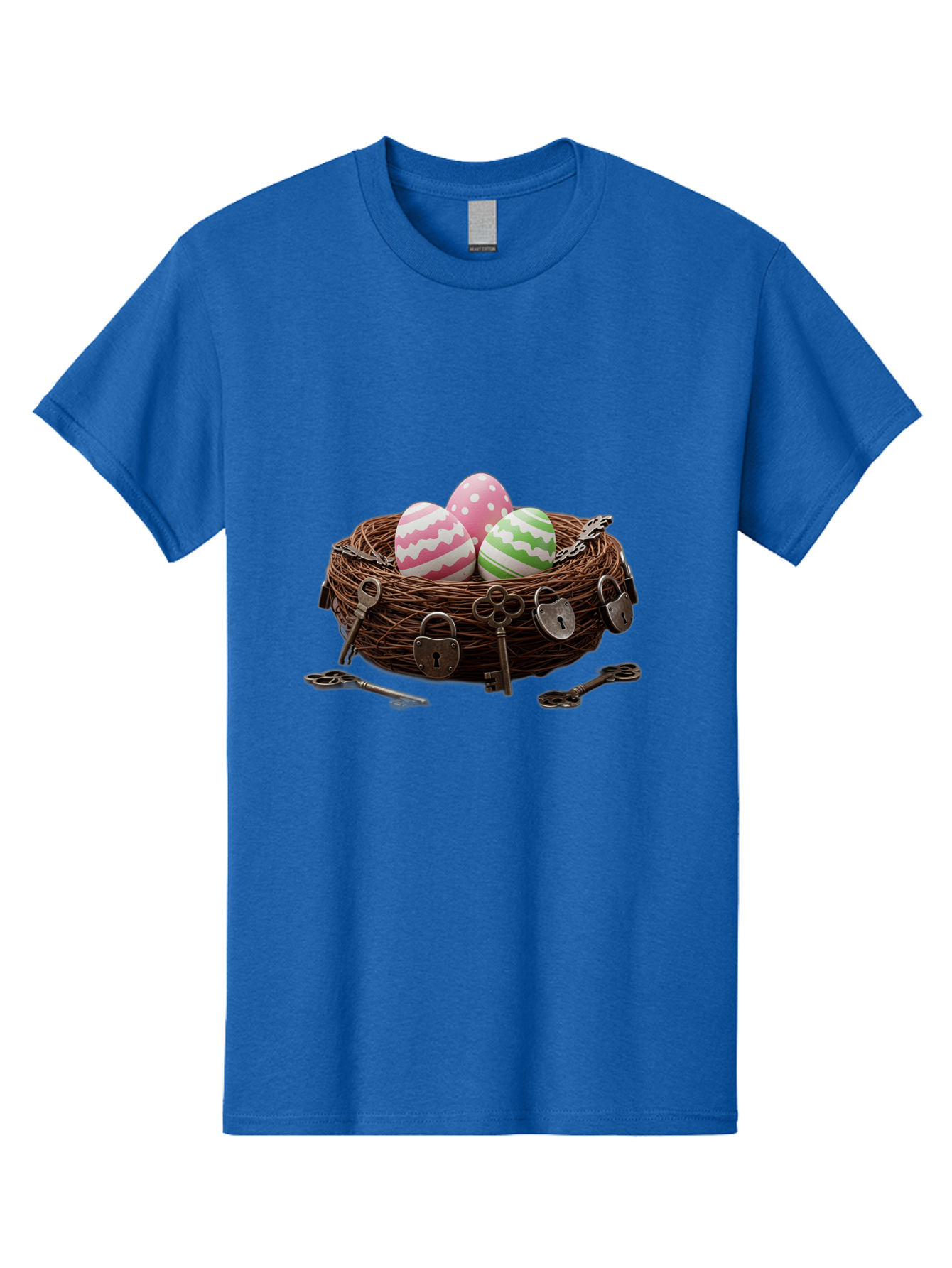 Locked-Nest-With-Easter-Eggs Men'S Graphic Tee, 100% Cotton, Comfortable Casual Summer Wear, Machine Washable, Easter Eggs In A Nest, Locked Nest, Vintage Keys, Padlocks, Easter Decorations, Spring Theme, Symbolic Eggs, Retro Style, Baa927