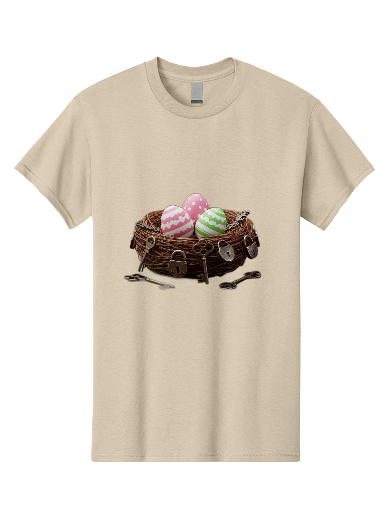 Locked-Nest-With-Easter-Eggs Men'S Graphic Tee, 100% Cotton, Comfortable Casual Summer Wear, Machine Washable, Easter Eggs In A Nest, Locked Nest, Vintage Keys, Padlocks, Easter Decorations, Spring Theme, Symbolic Eggs, Retro Style, Baa927