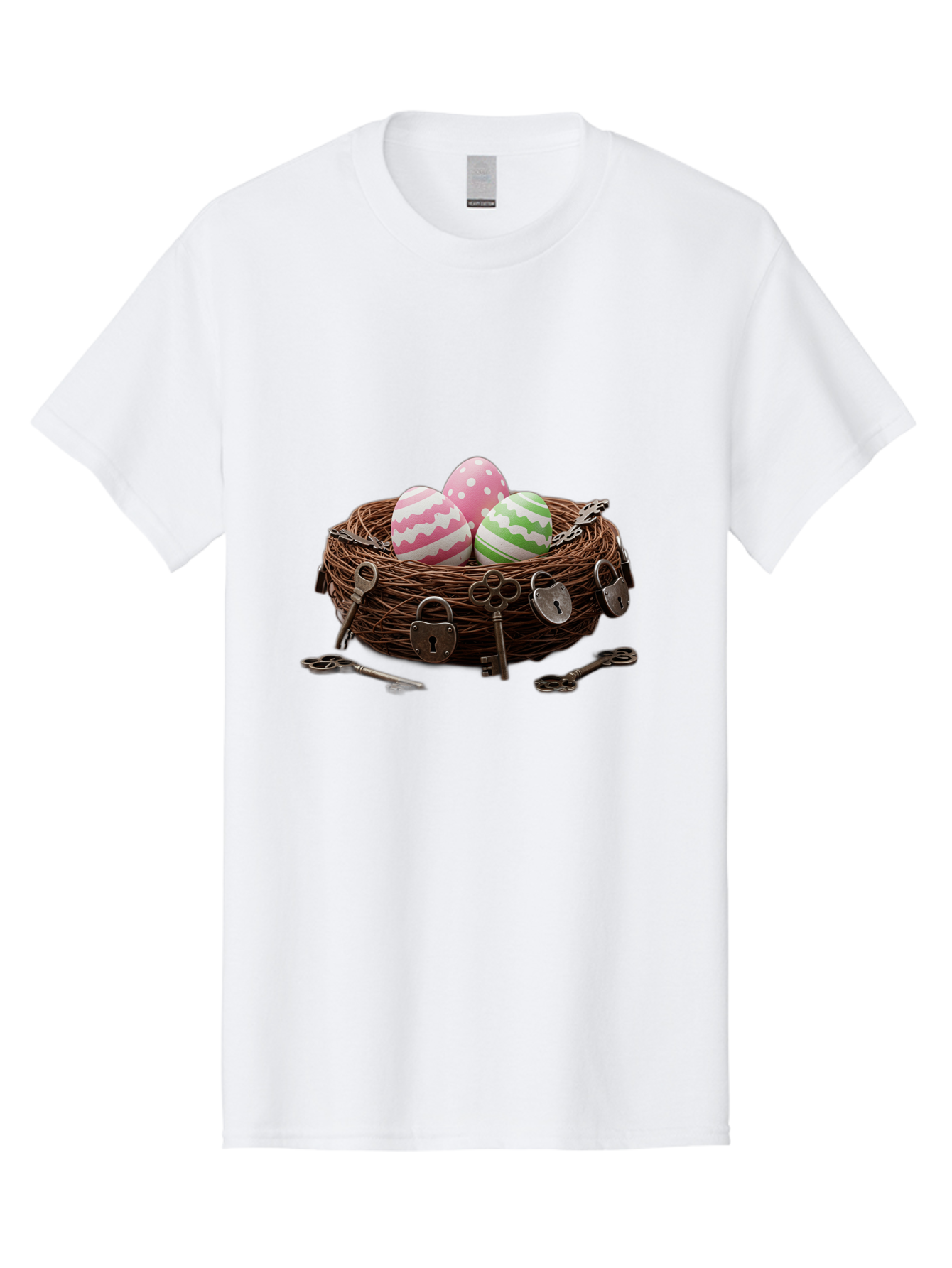 Locked-Nest-With-Easter-Eggs Men'S Graphic Tee, 100% Cotton, Comfortable Casual Summer Wear, Machine Washable, Easter Eggs In A Nest, Locked Nest, Vintage Keys, Padlocks, Easter Decorations, Spring Theme, Symbolic Eggs, Retro Style, Baa927
