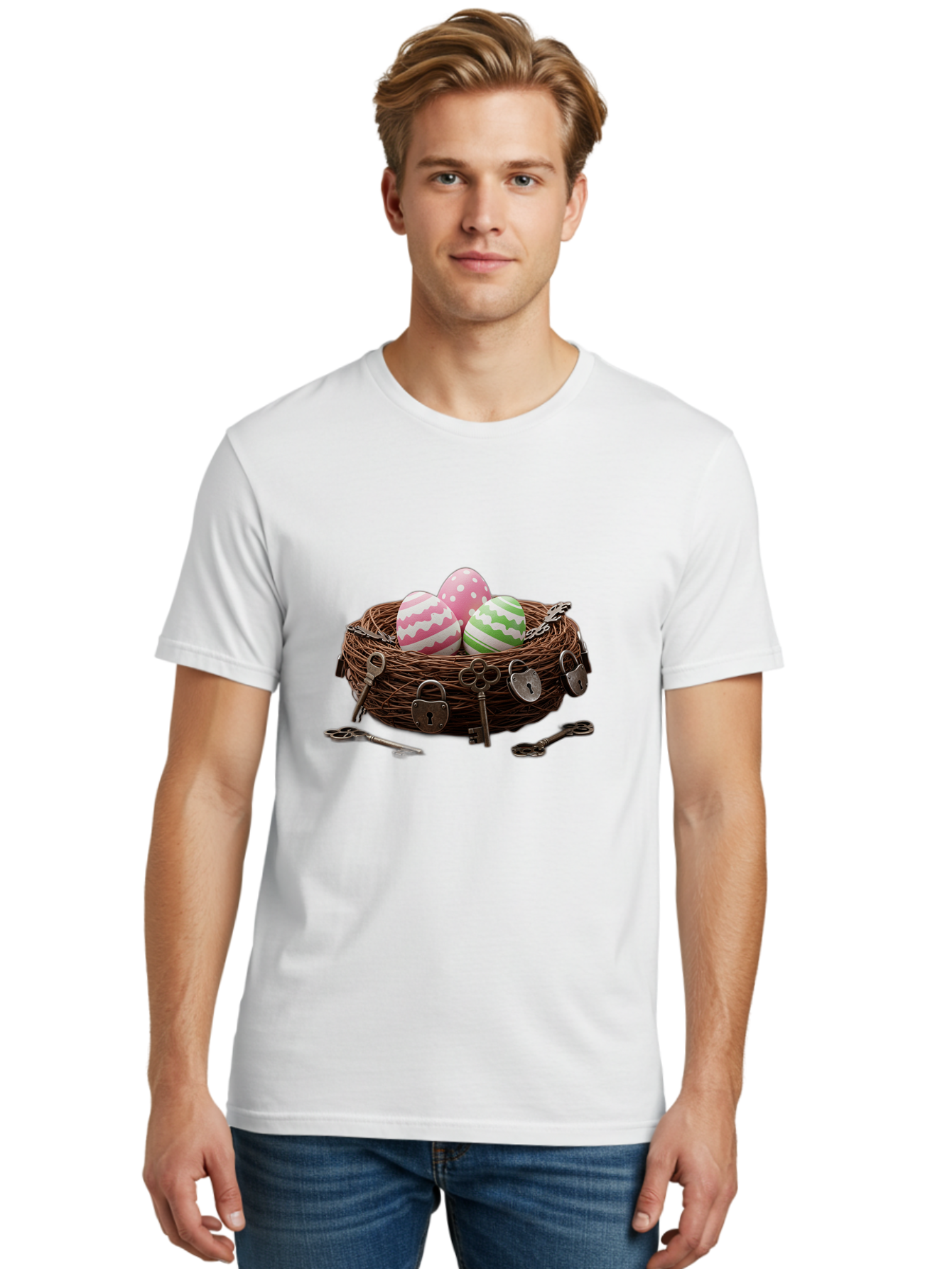 Locked-Nest-With-Easter-Eggs Men'S Graphic Tee, 100% Cotton, Comfortable Casual Summer Wear, Machine Washable, Easter Eggs In A Nest, Locked Nest, Vintage Keys, Padlocks, Easter Decorations, Spring Theme, Symbolic Eggs, Retro Style, Baa927