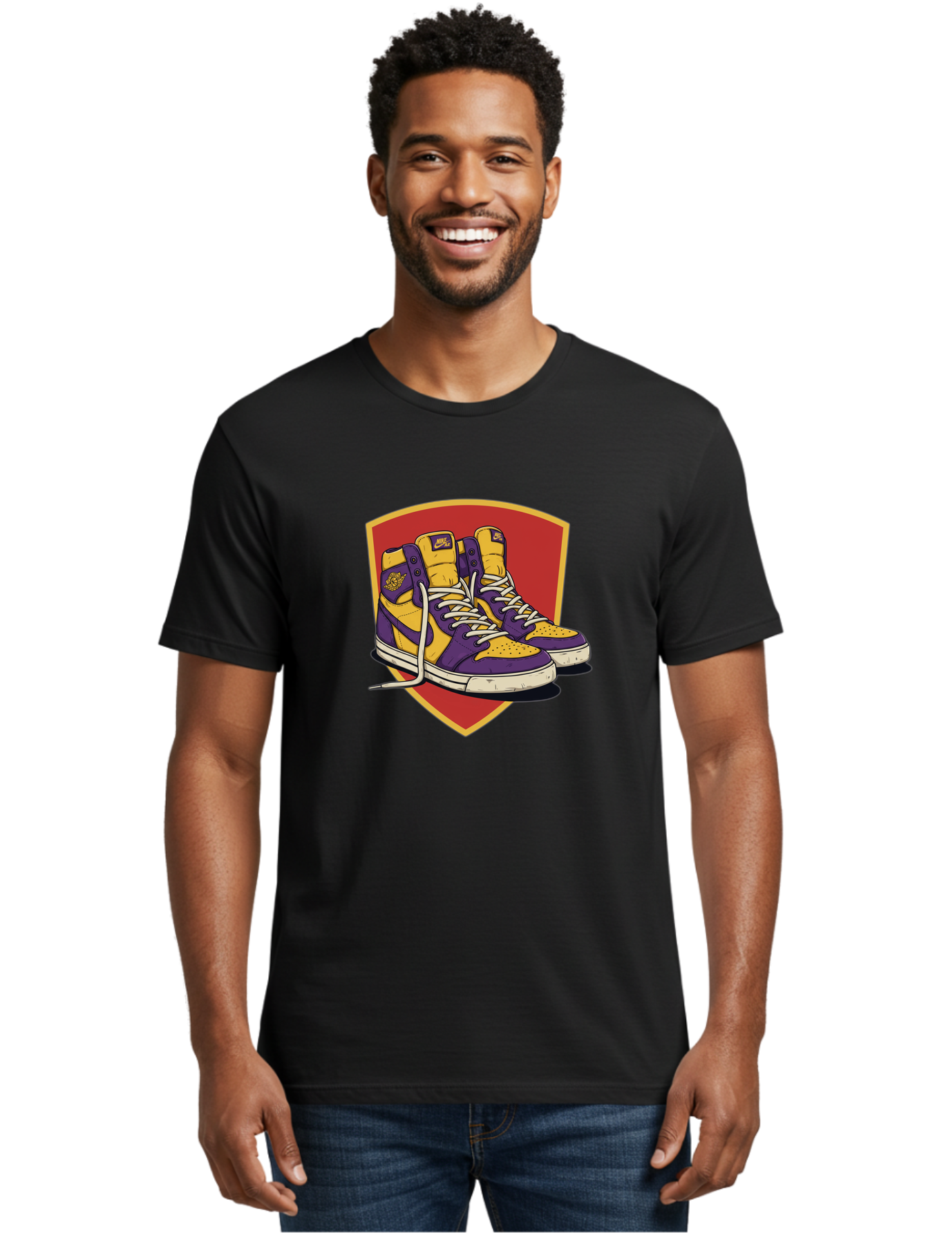 Los-Angeles-Lakers Men'S Graphic Tee, 100% Cotton, Comfortable Casual Summer Wear, Machine Washable, Purple And Yellow Air Jordan Sneakers, Nike Logo, Yellow And Purple Color Scheme, White Laces, Athletic Footwear, Sports Shoes, Baa928
