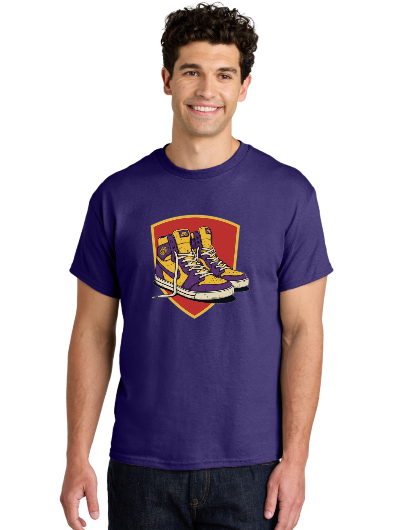 Los-Angeles-Lakers Men'S Graphic Tee, 100% Cotton, Comfortable Casual Summer Wear, Machine Washable, Purple And Yellow Air Jordan Sneakers, Nike Logo, Yellow And Purple Color Scheme, White Laces, Athletic Footwear, Sports Shoes, Baa928