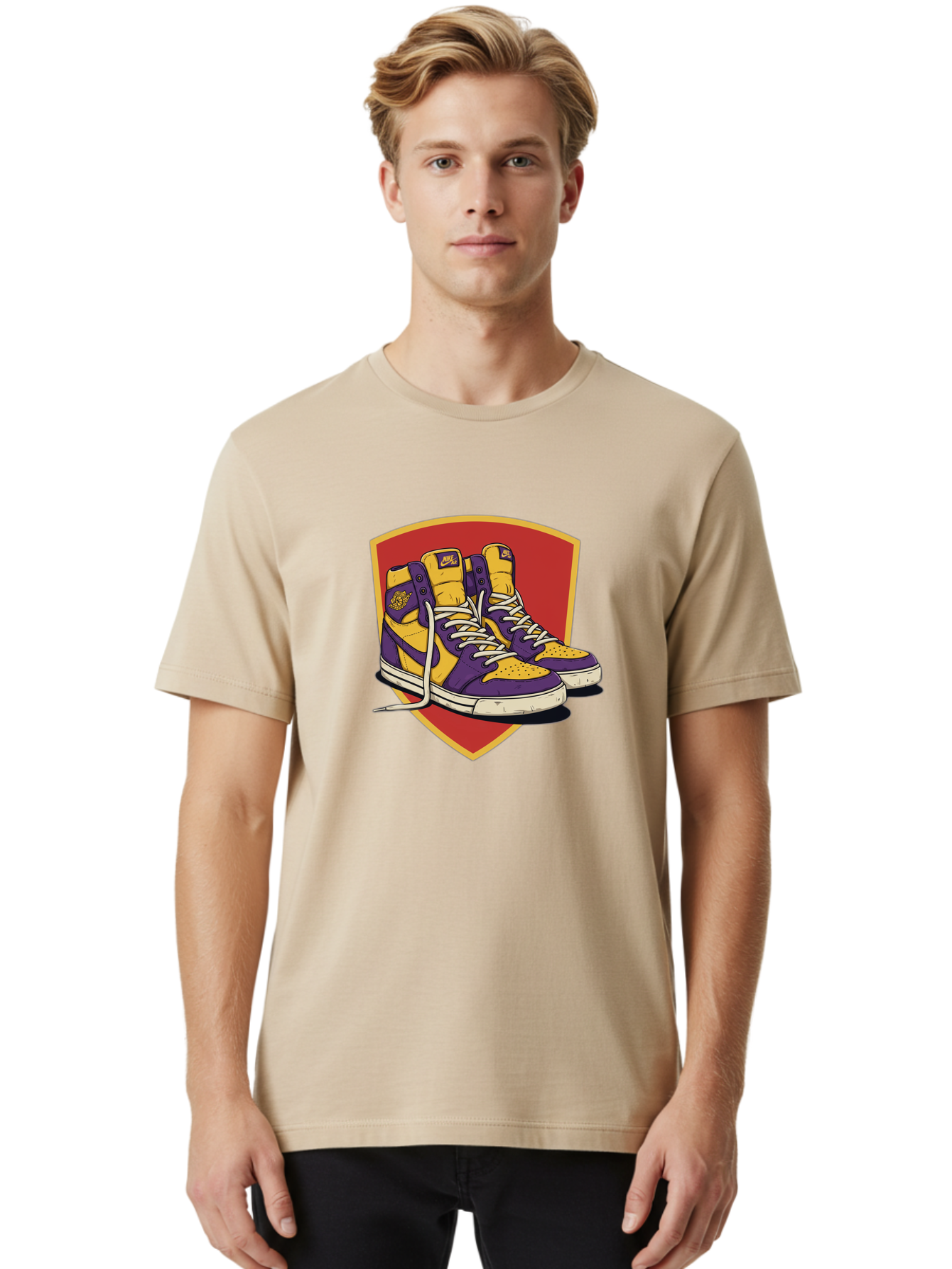Los-Angeles-Lakers Men'S Graphic Tee, 100% Cotton, Comfortable Casual Summer Wear, Machine Washable, Purple And Yellow Air Jordan Sneakers, Nike Logo, Yellow And Purple Color Scheme, White Laces, Athletic Footwear, Sports Shoes, Baa928