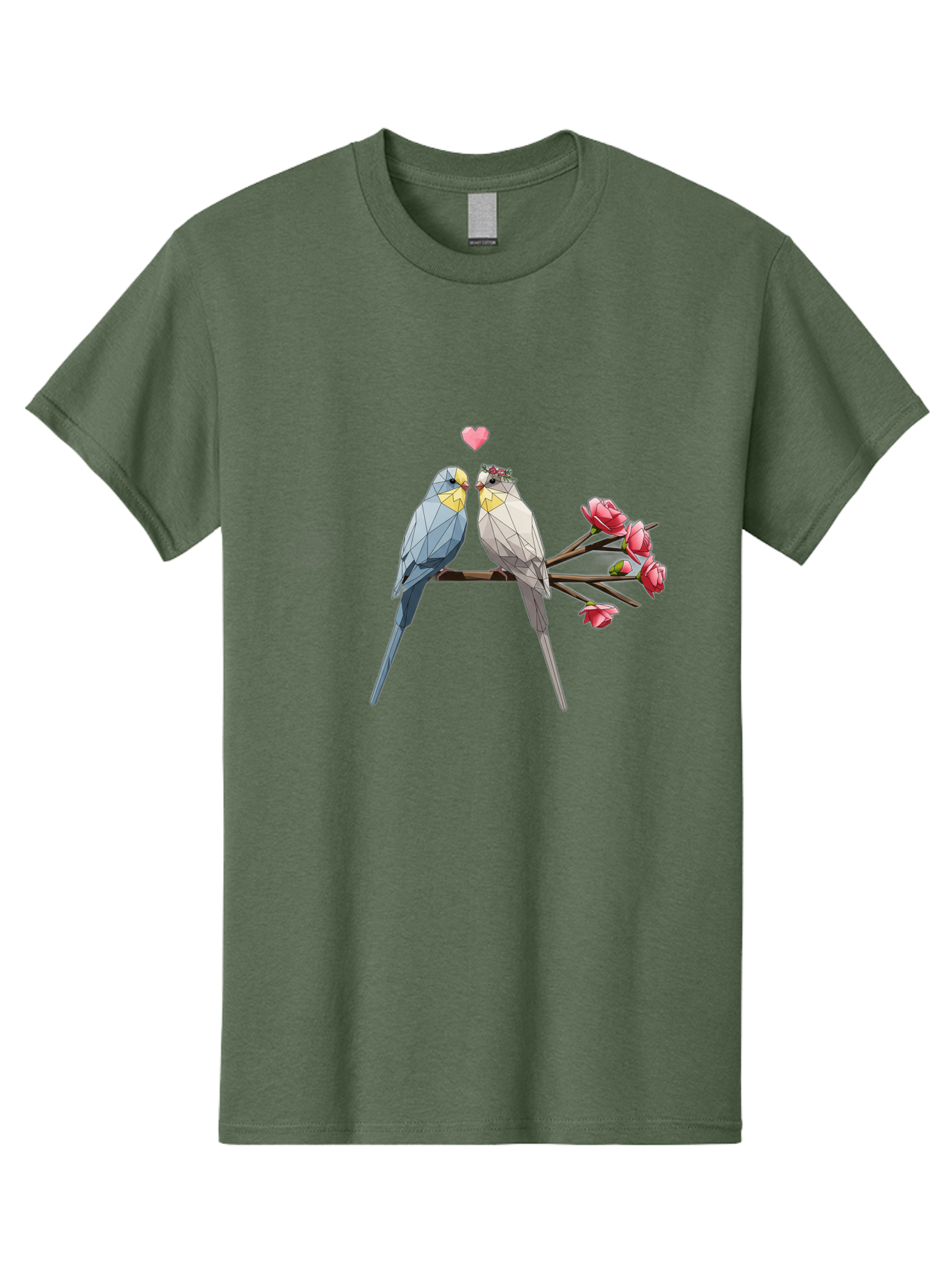 Lovebirds Men'S Graphic Tee, 100% Cotton, Comfortable Casual Summer Wear, Machine Washable, Low Poly Lovebirds, Pink Flowers, Couple Birds, Love Heart, Tender Moment, Geometric Art, Pastel Colors, Romantic Scene, Valentine'S Day Baa934