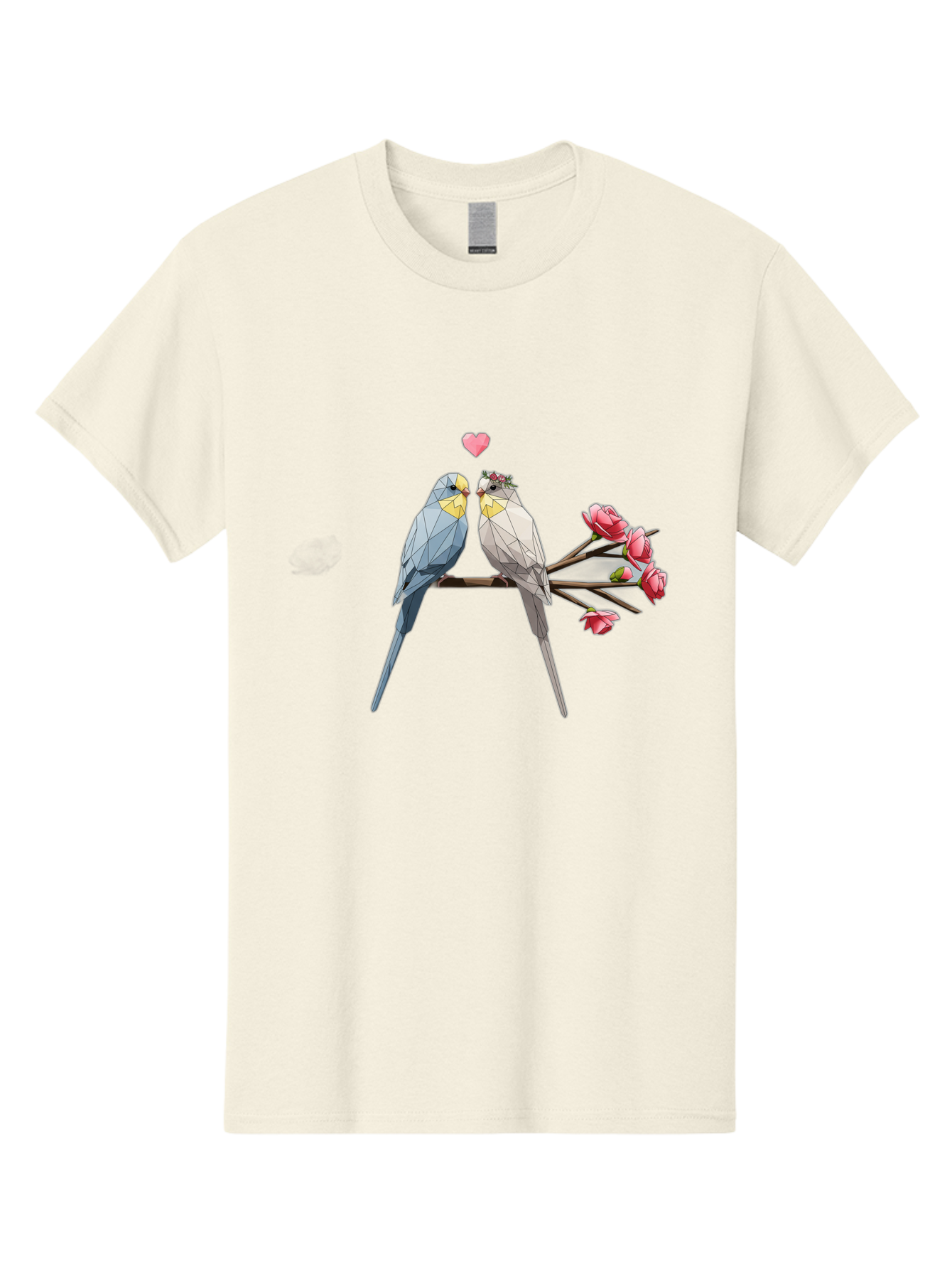 Lovebirds Men'S Graphic Tee, 100% Cotton, Comfortable Casual Summer Wear, Machine Washable, Low Poly Lovebirds, Pink Flowers, Couple Birds, Love Heart, Tender Moment, Geometric Art, Pastel Colors, Romantic Scene, Valentine'S Day Baa934