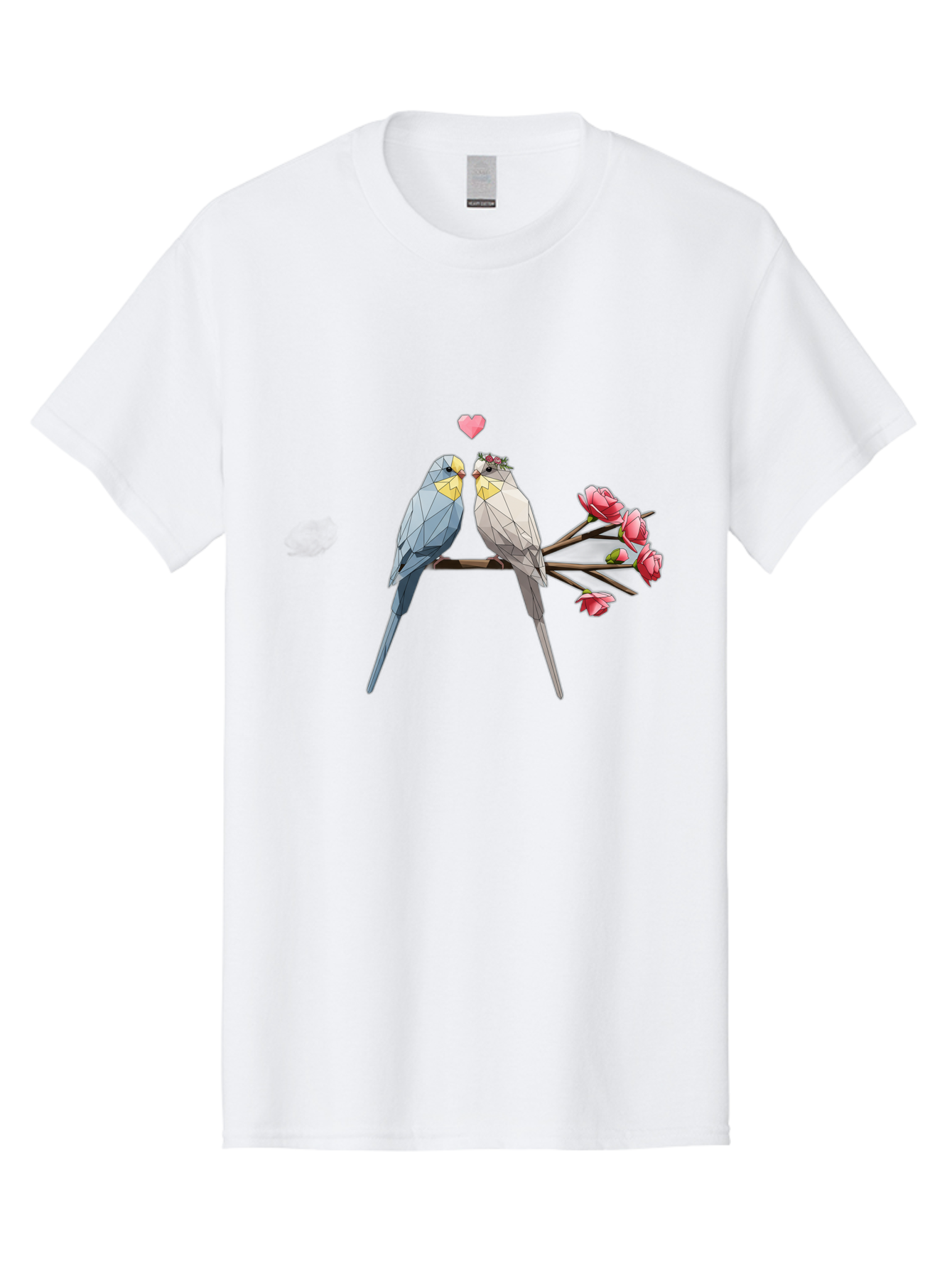 Lovebirds Men'S Graphic Tee, 100% Cotton, Comfortable Casual Summer Wear, Machine Washable, Low Poly Lovebirds, Pink Flowers, Couple Birds, Love Heart, Tender Moment, Geometric Art, Pastel Colors, Romantic Scene, Valentine'S Day Baa934