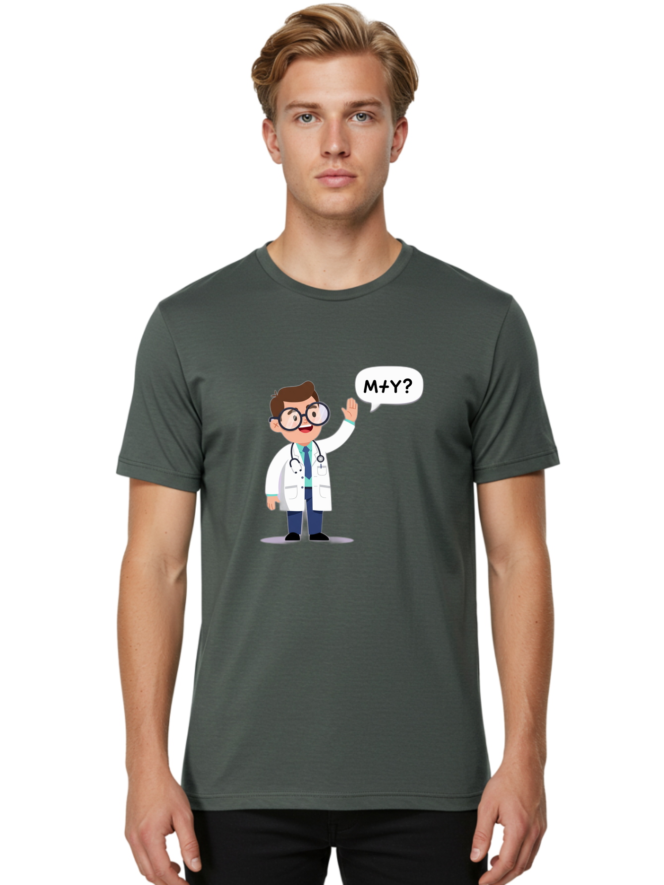 M-Y-Doctor Men'S Graphic Tee, 100% Cotton, Comfortable Casual Summer Wear, Machine Washable, Cartoon Doctor, Medical Professional, Stethoscope, White Coat, Blue Tie, Black Glasses, Waving Hand, Speech Bubble, M+Y?, Doctor Character, Baa935