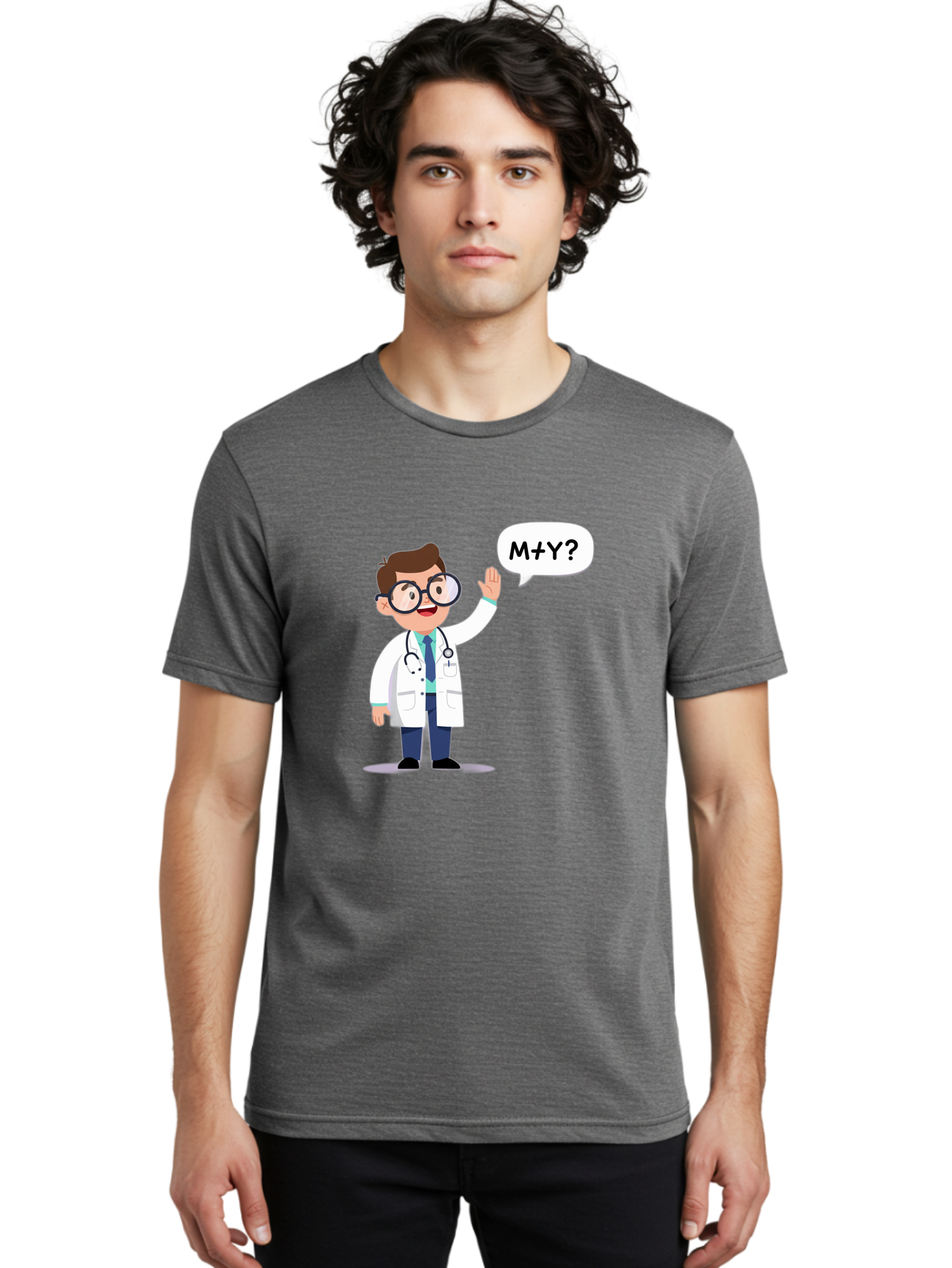 M-Y-Doctor Men'S Graphic Tee, 100% Cotton, Comfortable Casual Summer Wear, Machine Washable, Cartoon Doctor, Medical Professional, Stethoscope, White Coat, Blue Tie, Black Glasses, Waving Hand, Speech Bubble, M+Y?, Doctor Character, Baa935